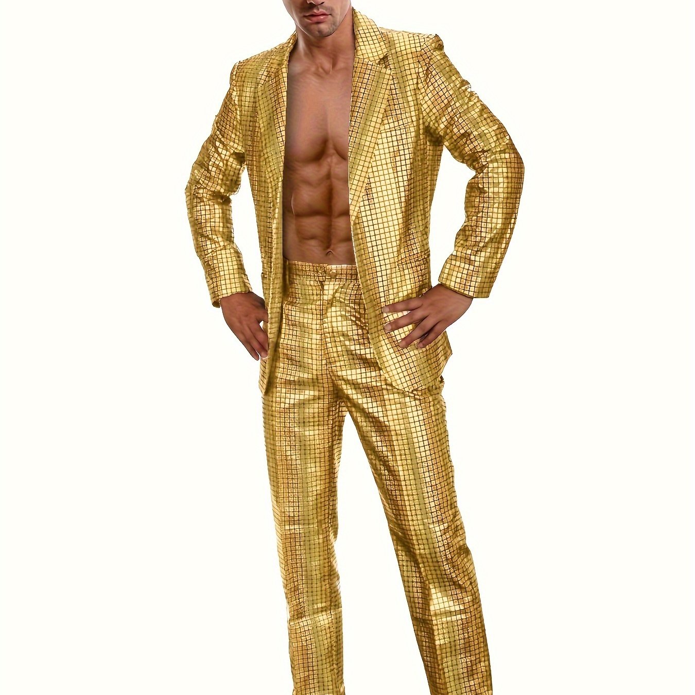 Chic Plaid Pattern Shiny Blazer, Men's Casual Two Button.