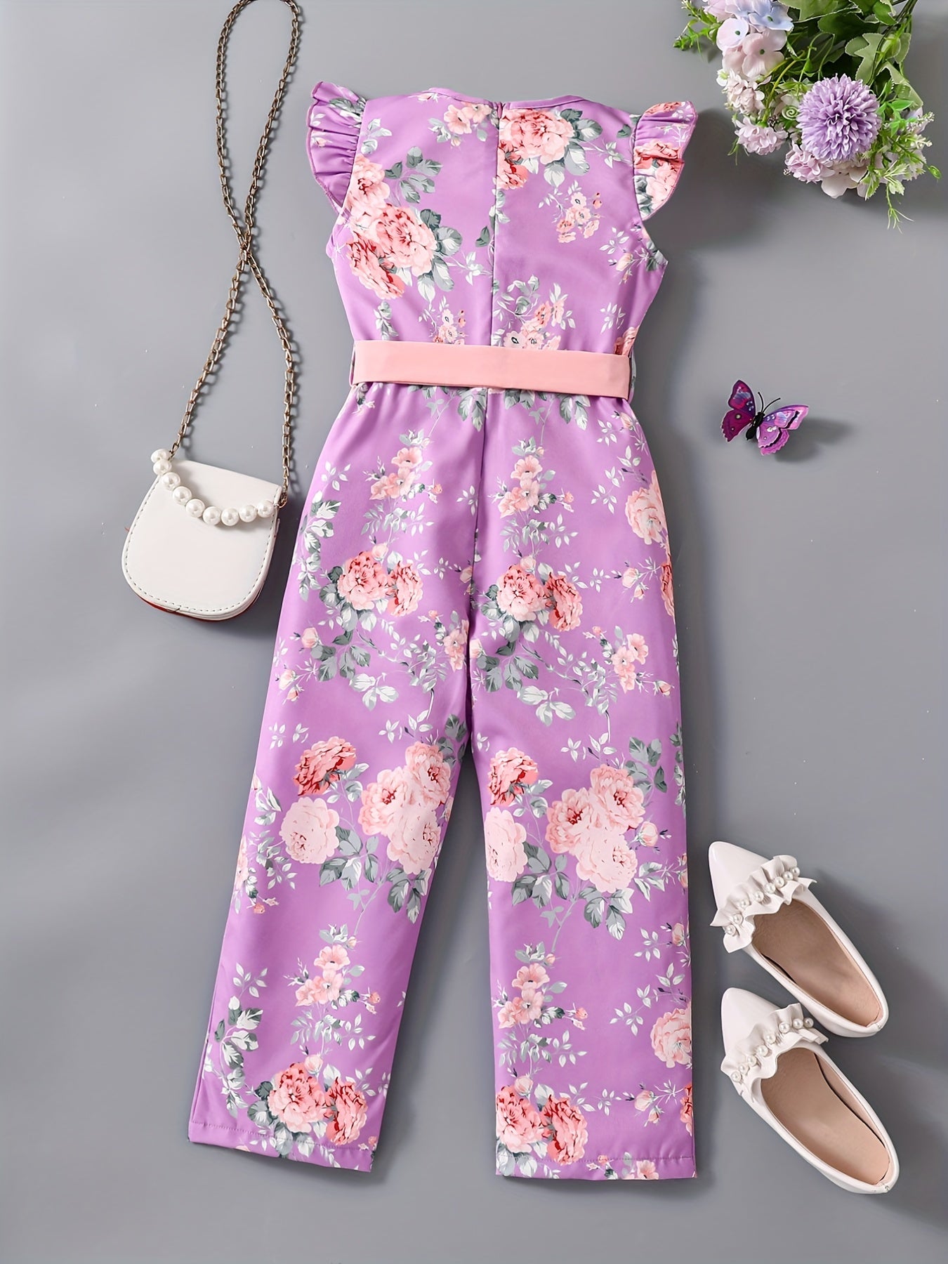 Toddler Girls Flowers Graphic Flutter Sleeve Belted Rompers Wide.