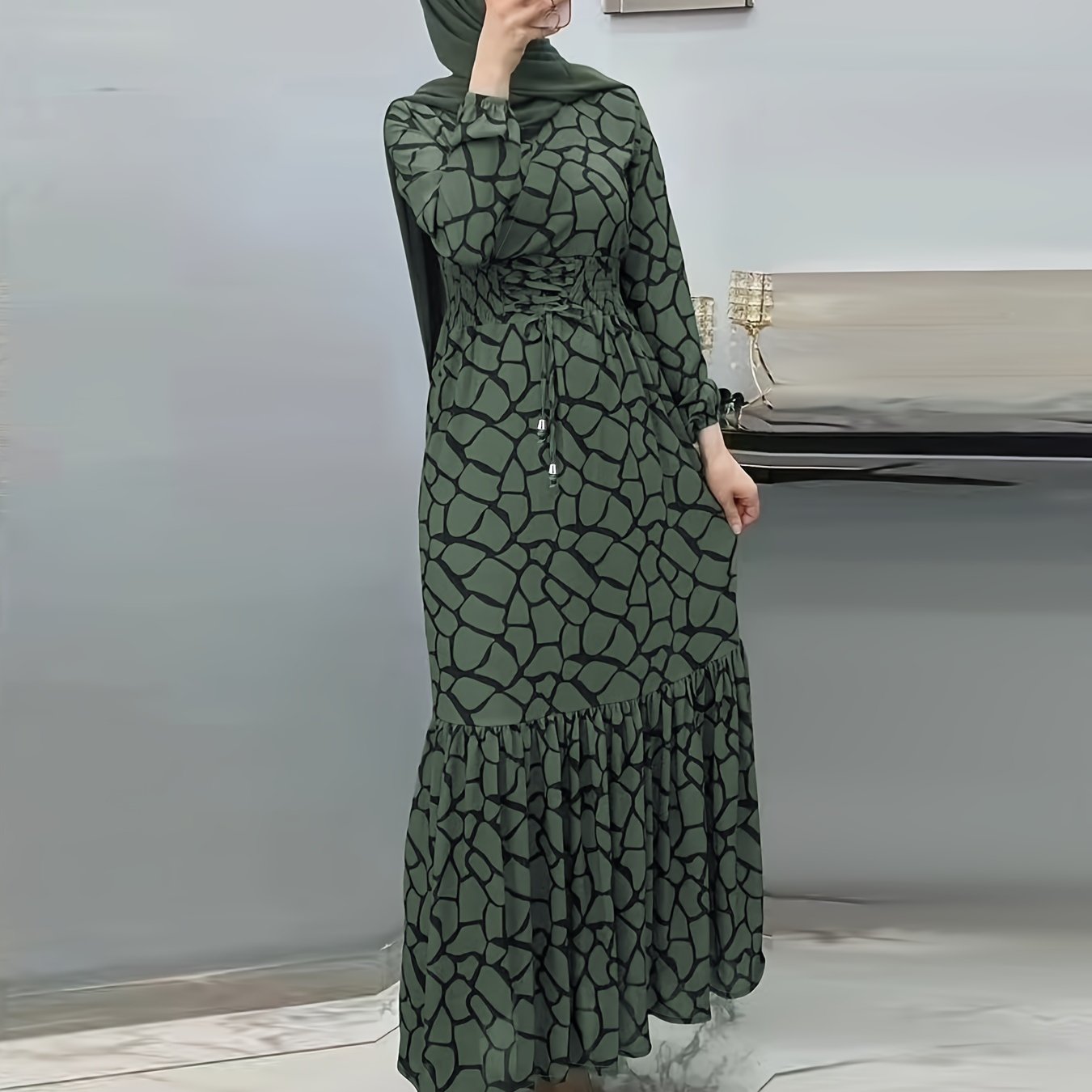 Allover Print Maxi Kaftan Dress, Casual Long Sleeve '/MH