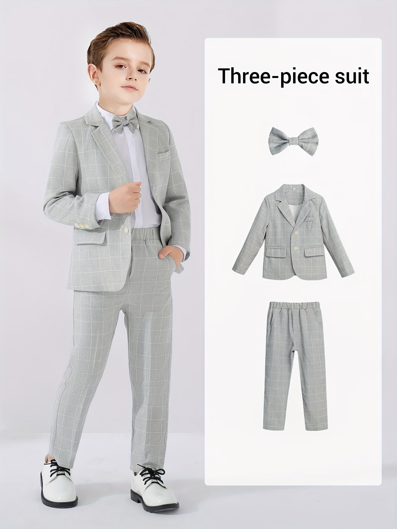 3pcs Boys Formal Plaid Gentleman Outfits, Long Sleeve Blazer.