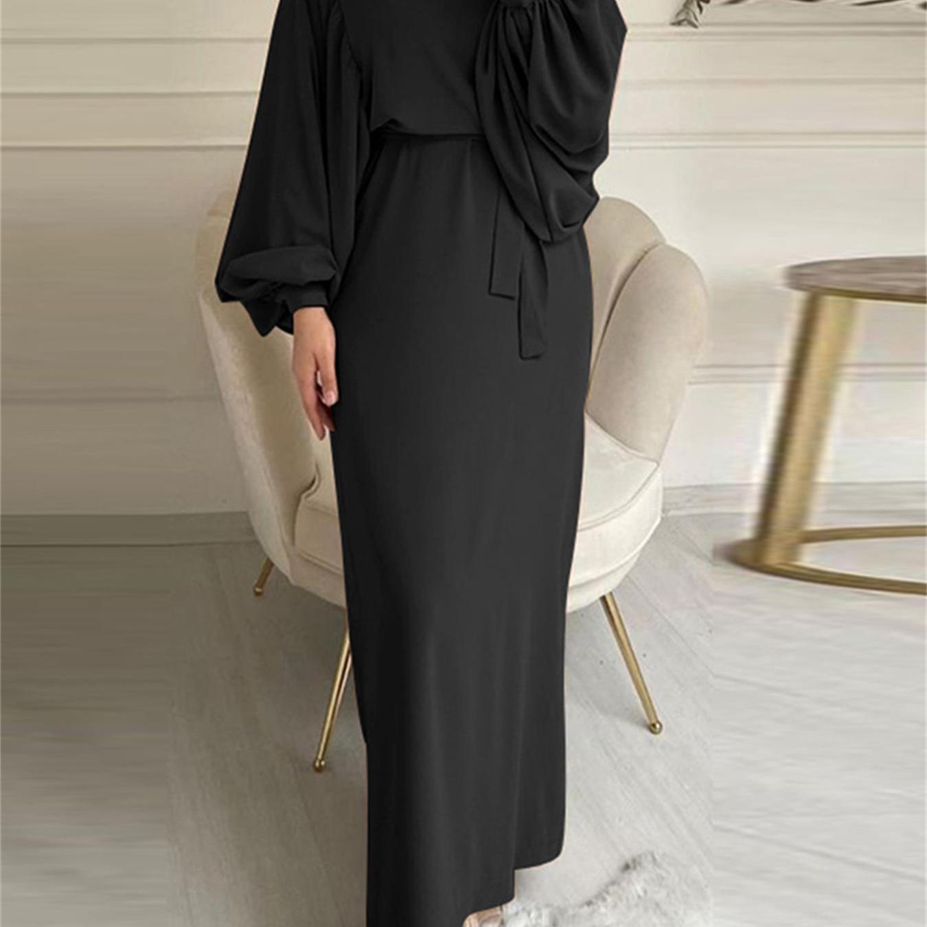 Lantern Sleeve Tie Waist Abaya, Elegant Crew Neck Dress, Women's Clothing./MH