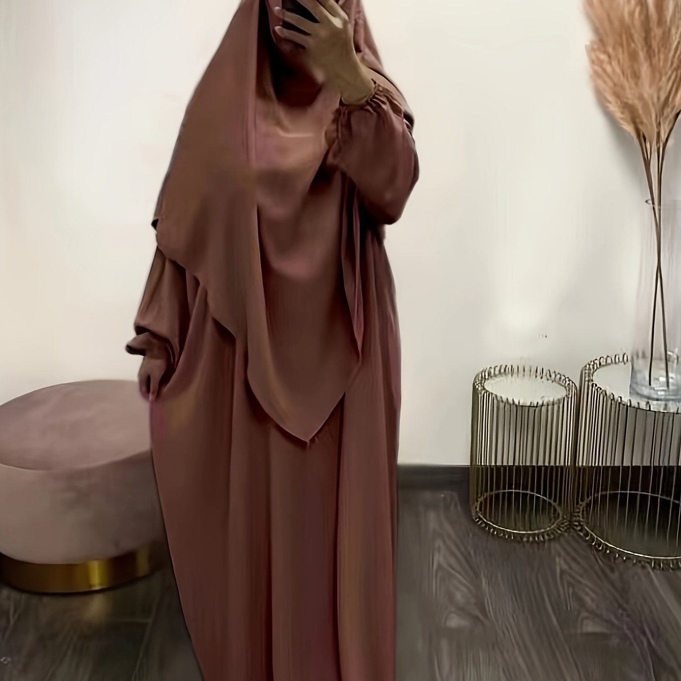 Solid Color Simple Modest Dress, Elegant Long Sleeve Maxi Dress With Hijab, /MH