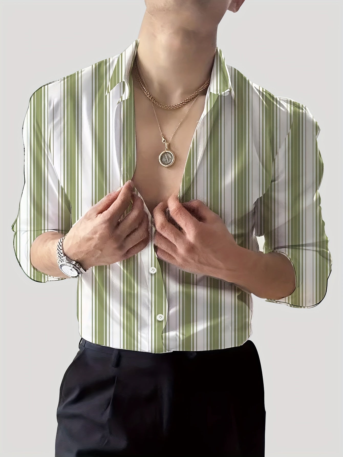 Men's Striped Lapel Collar Dress Shirts, Long Sleeve .