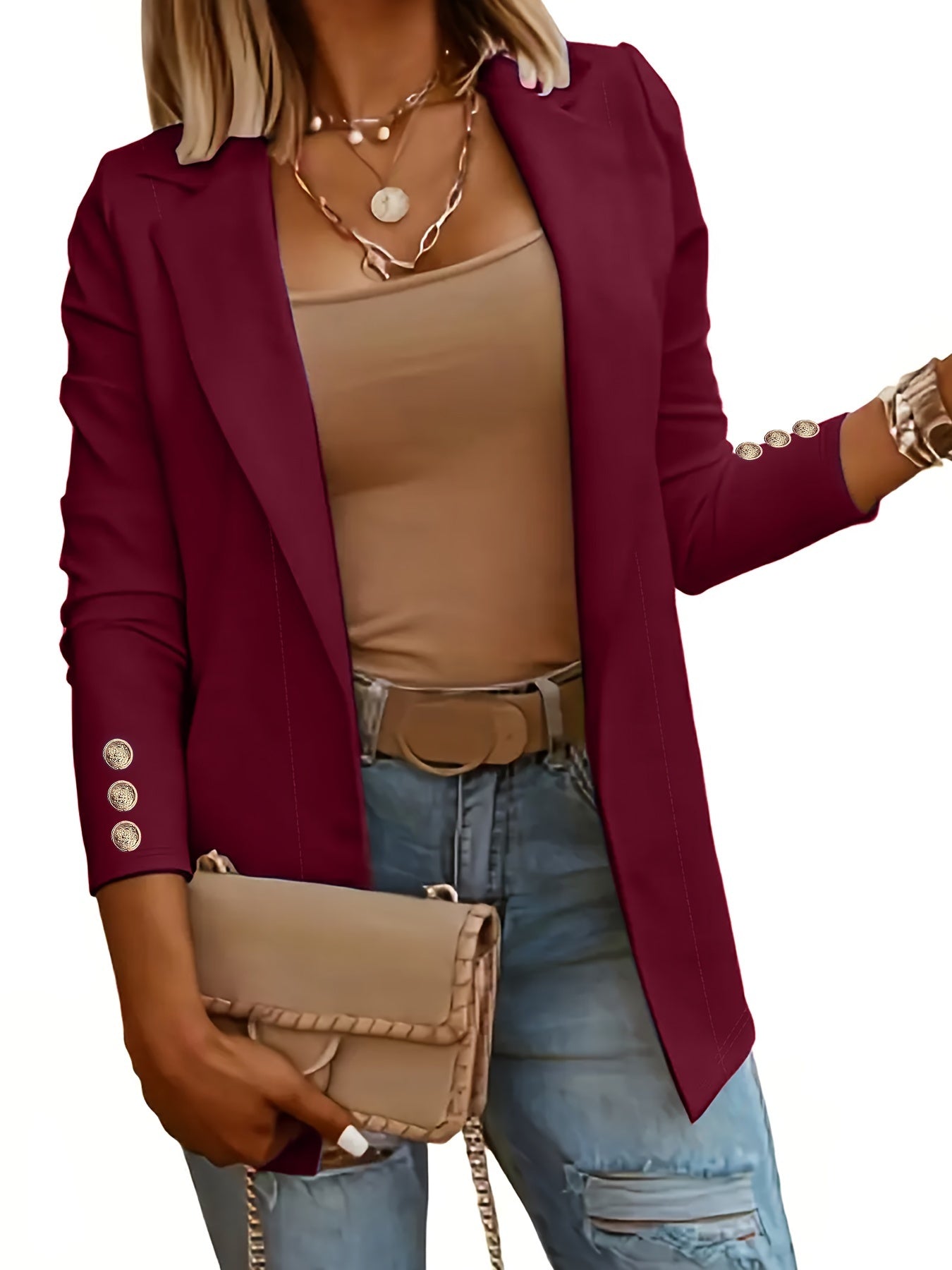 Solid Open Front Lapel Blazer, Elegant Button Decor Long Sleeve Blazer.