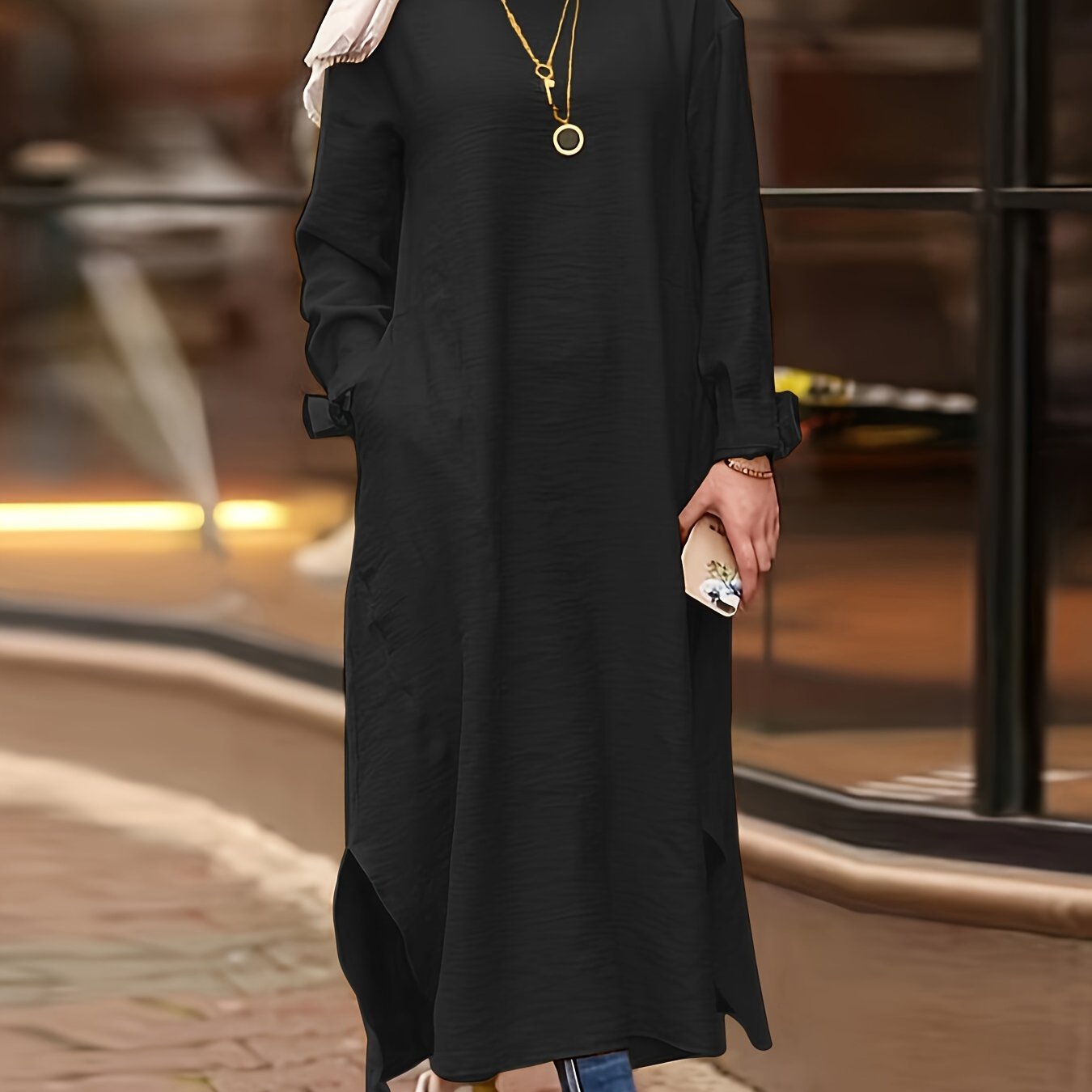 Solid Split Kaftan Dress, Modest Long Sleeve Maxi Dress '/MH