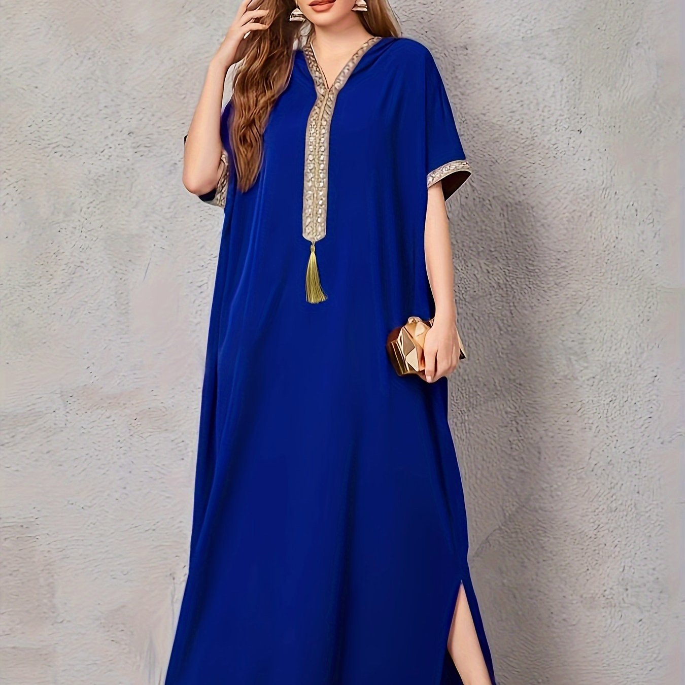 Contrast Trim V-neck Kaftan Dress, Elegant Batwing Sleeve ./MH