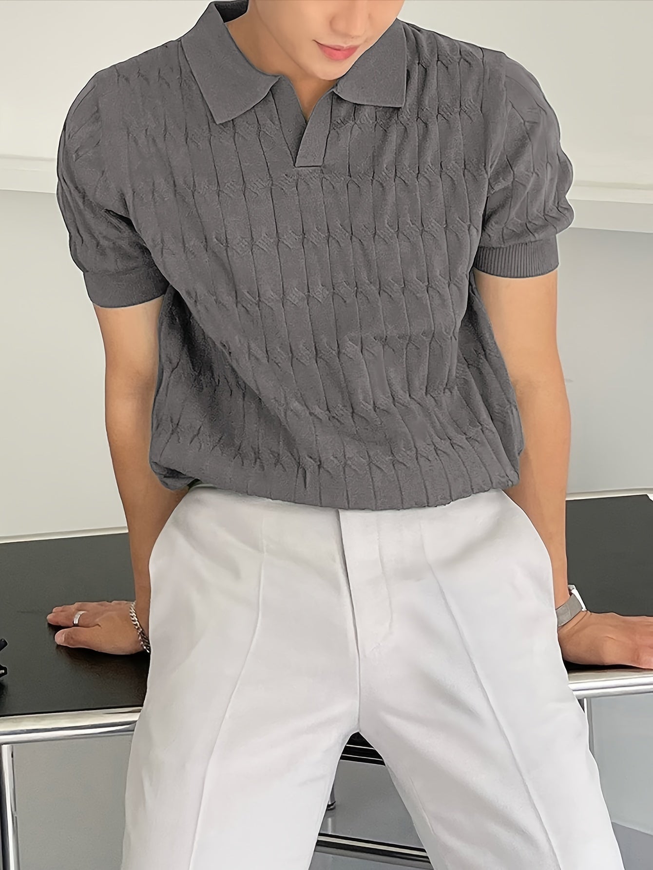 Chic Knit Shirt, Men's Casual Lapel Mid Stretch V-Neck Pullover Sweater