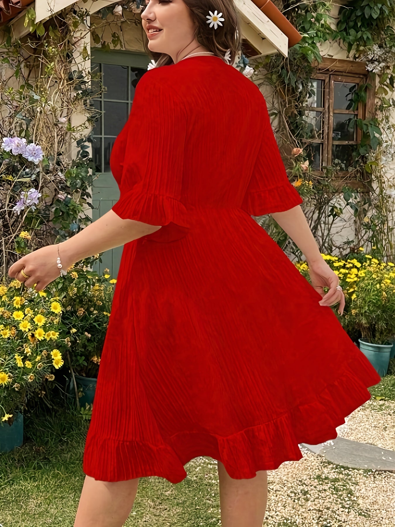 Plus Size V-Neck Lace Detail Ruffle Skirt Dress -/MH