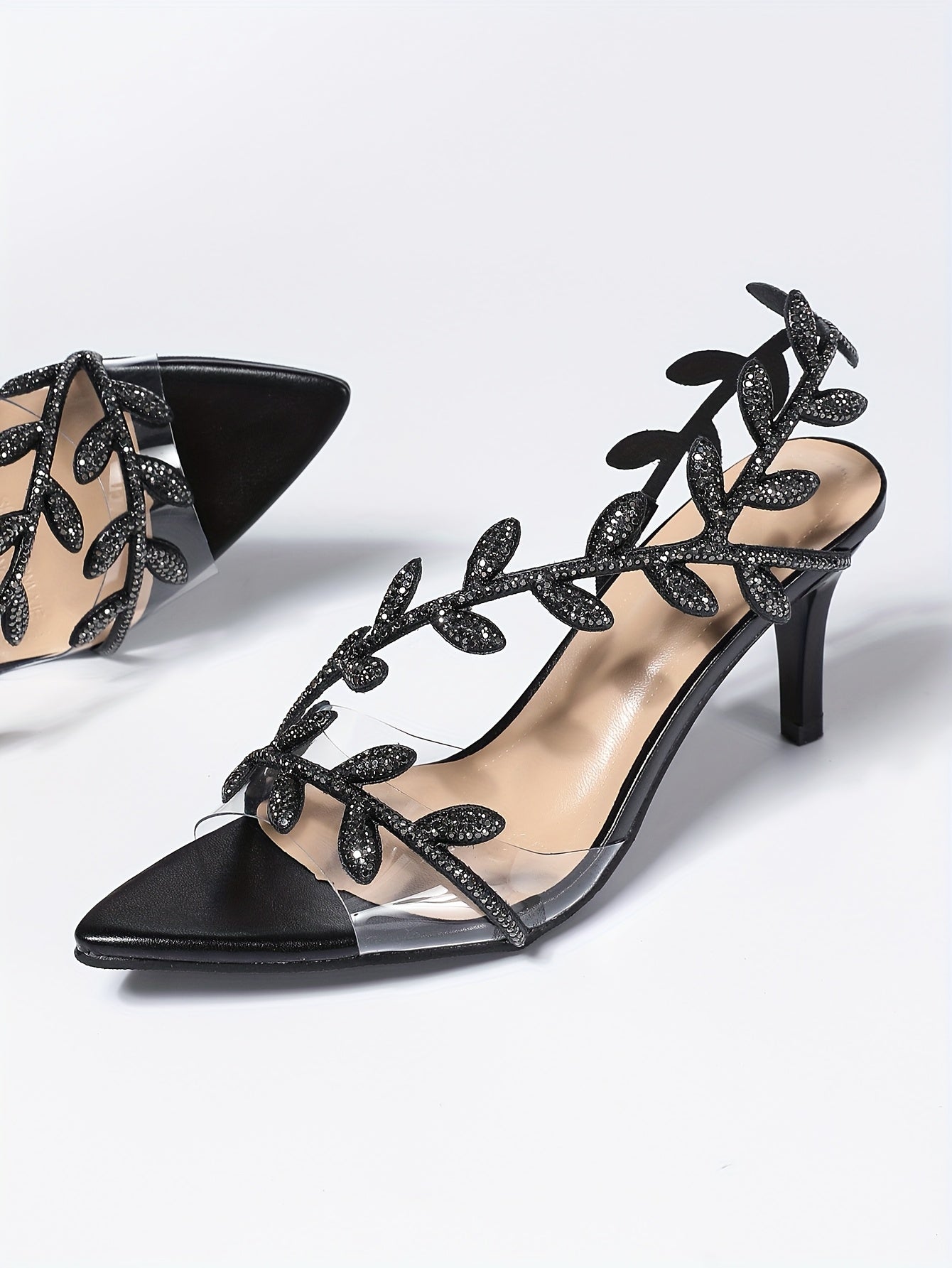 New Women's Rhinestone Leaf Embellished Open-Toe Stiletto Heel Sandals -./MH