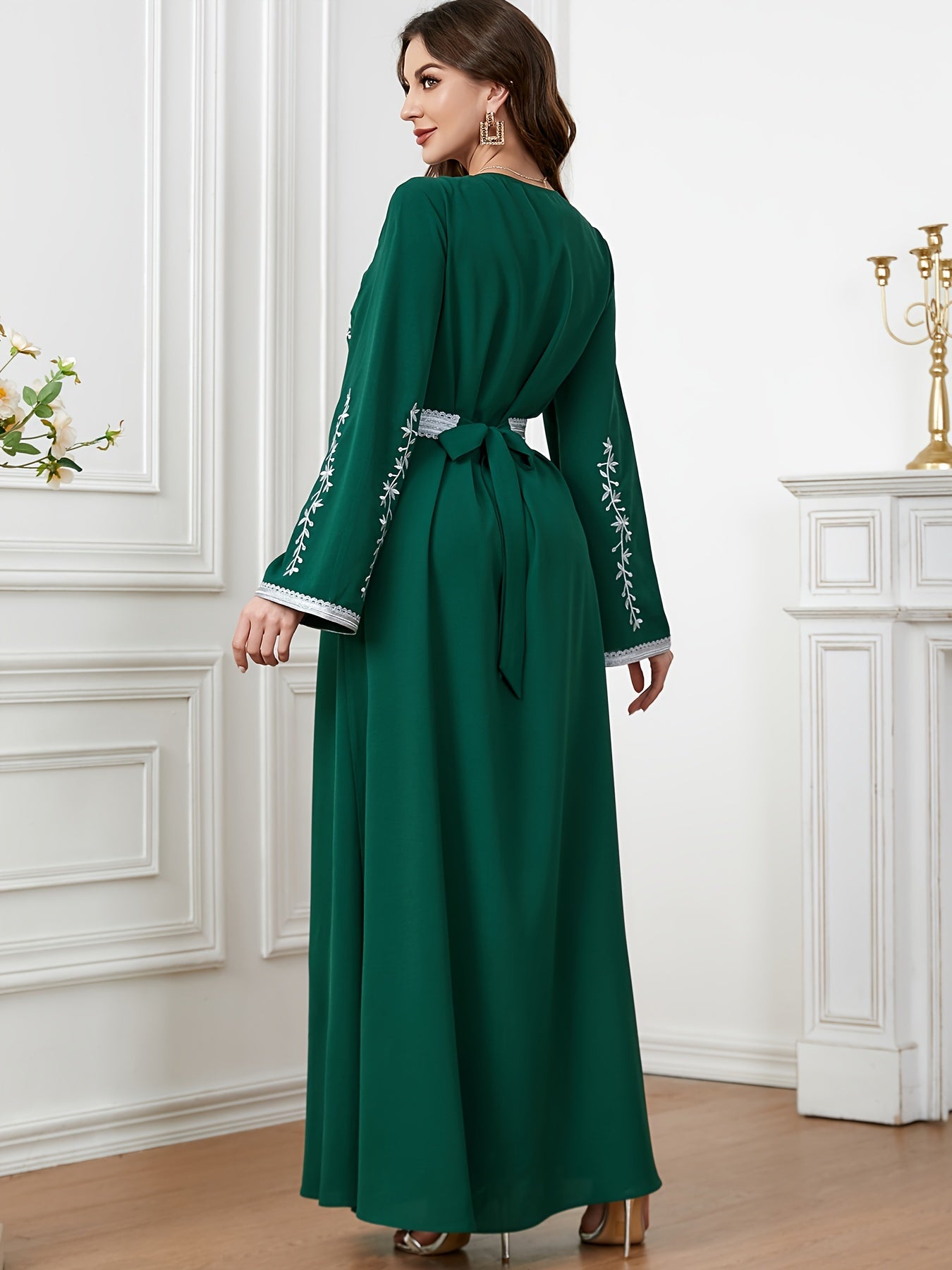 Floral Pattern Kaftan Dress, Elegant V Neck '/MH