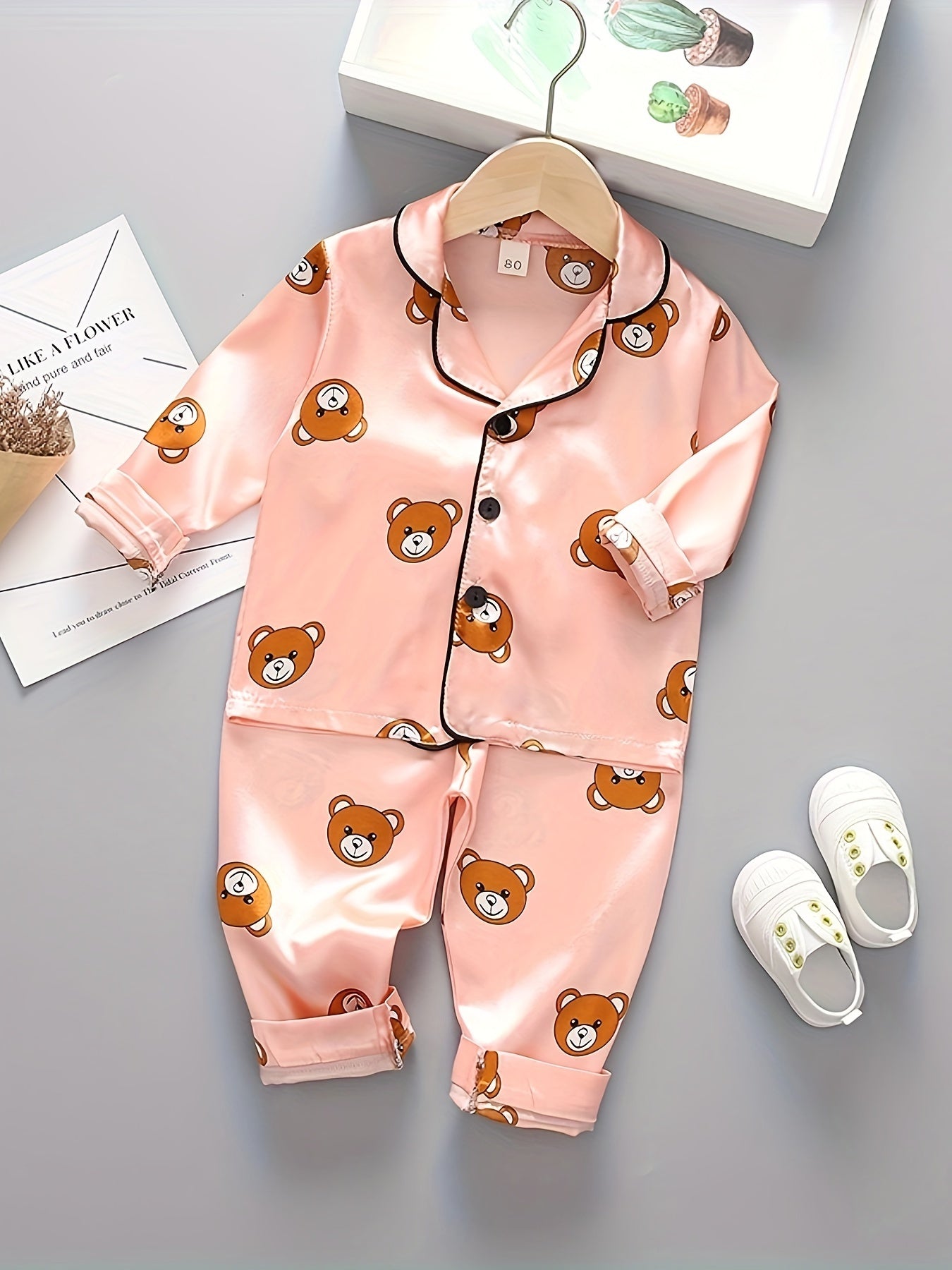 2pcs Boys Bear Print Button Up Long Sleeve Top & Elastic Waist Long Pants Set, Comfy Boys Clothes