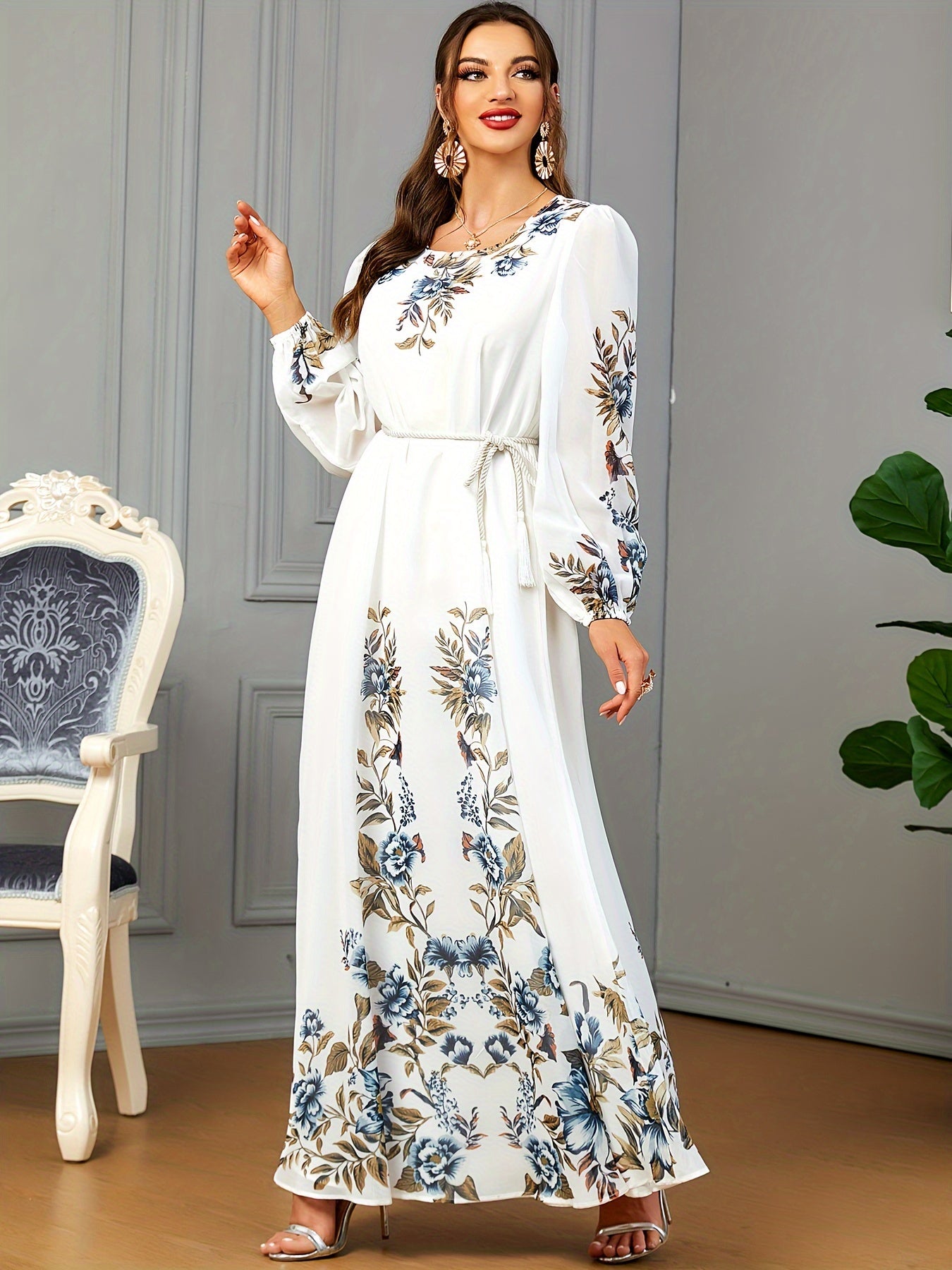 Floral Print Long Sleeve Kaftan Dress, women fashion'/MH