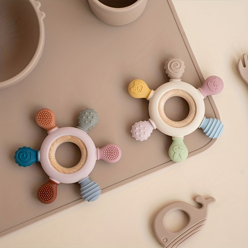 1pc Silicone Baby Teether, Rudder Shape Wooden Teether Ring, Touch Training BPA Free Newborn Chew Toy, Children's Dental Care Teething Toy, Halloween, Thanksgiving And Christmas Gift