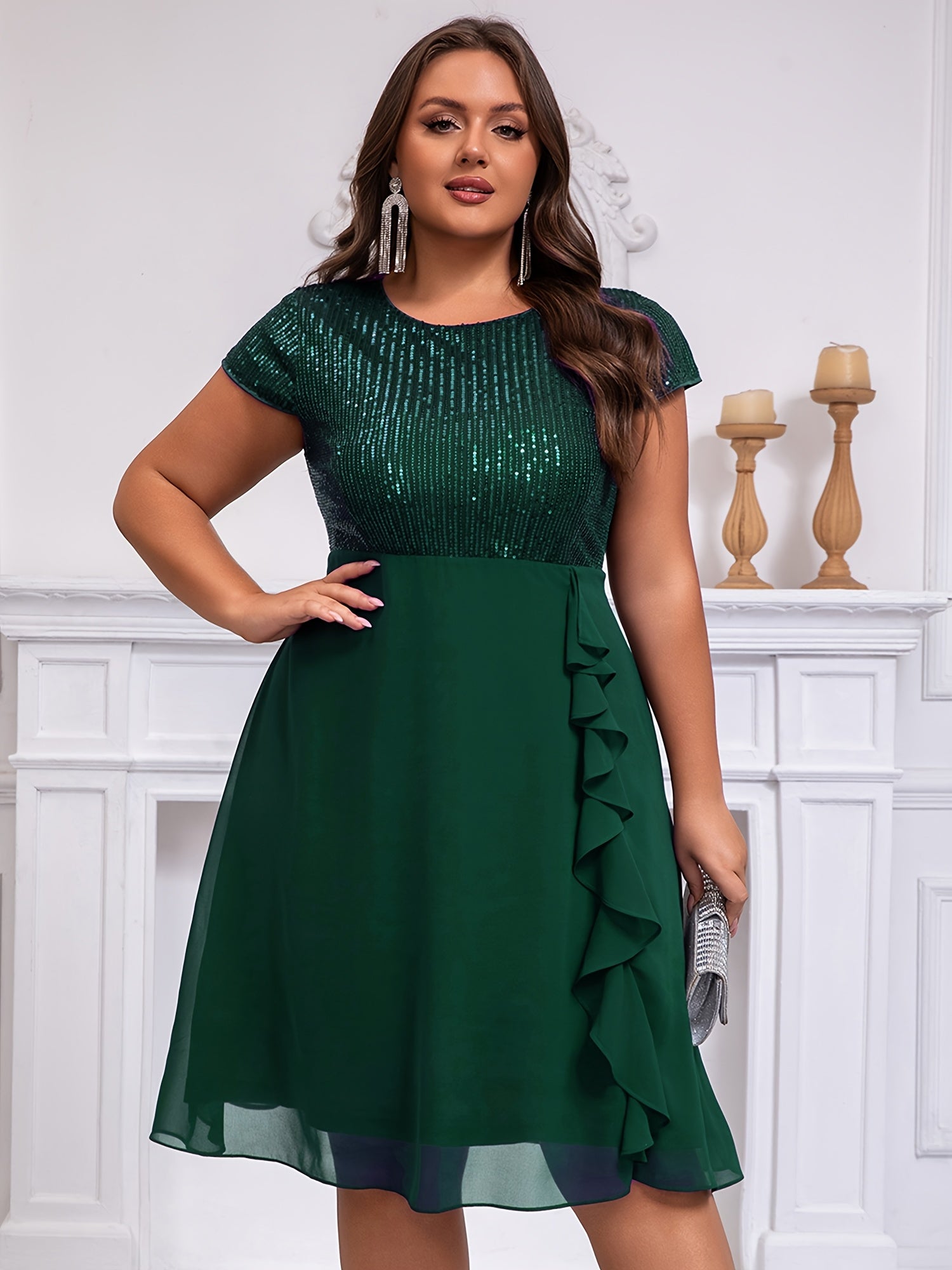 Women'S Plus-Size Chiffon Dress with Sequin Patchwork