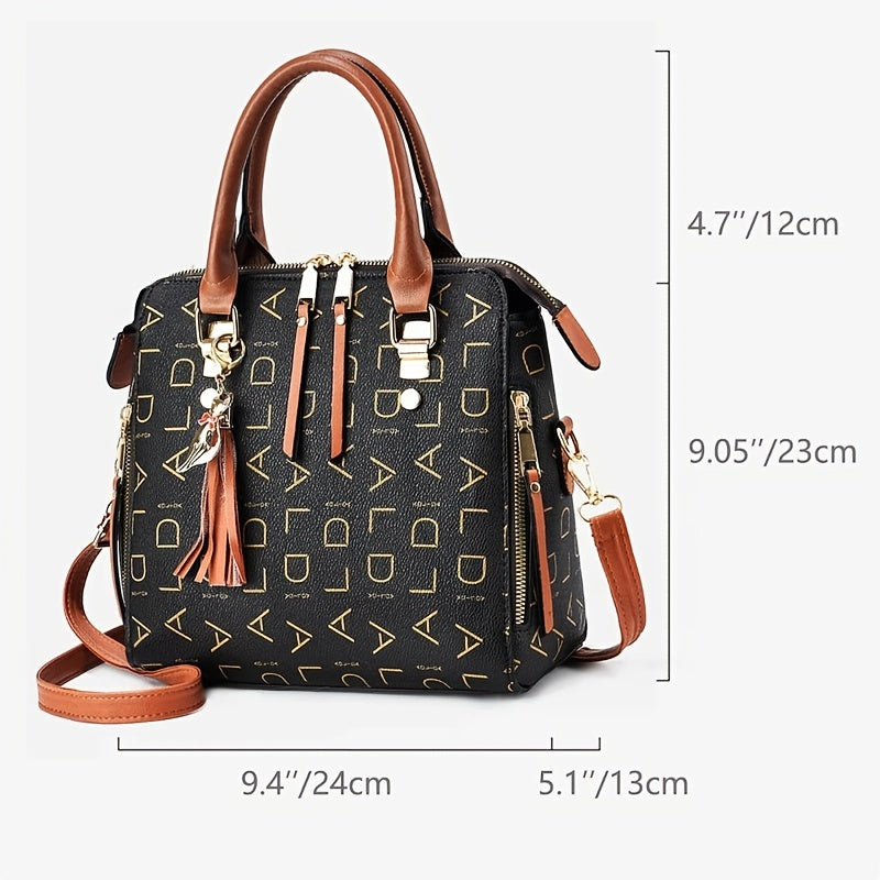Letter Print Handbag, Tassel Decor Square Crossbody Bag,