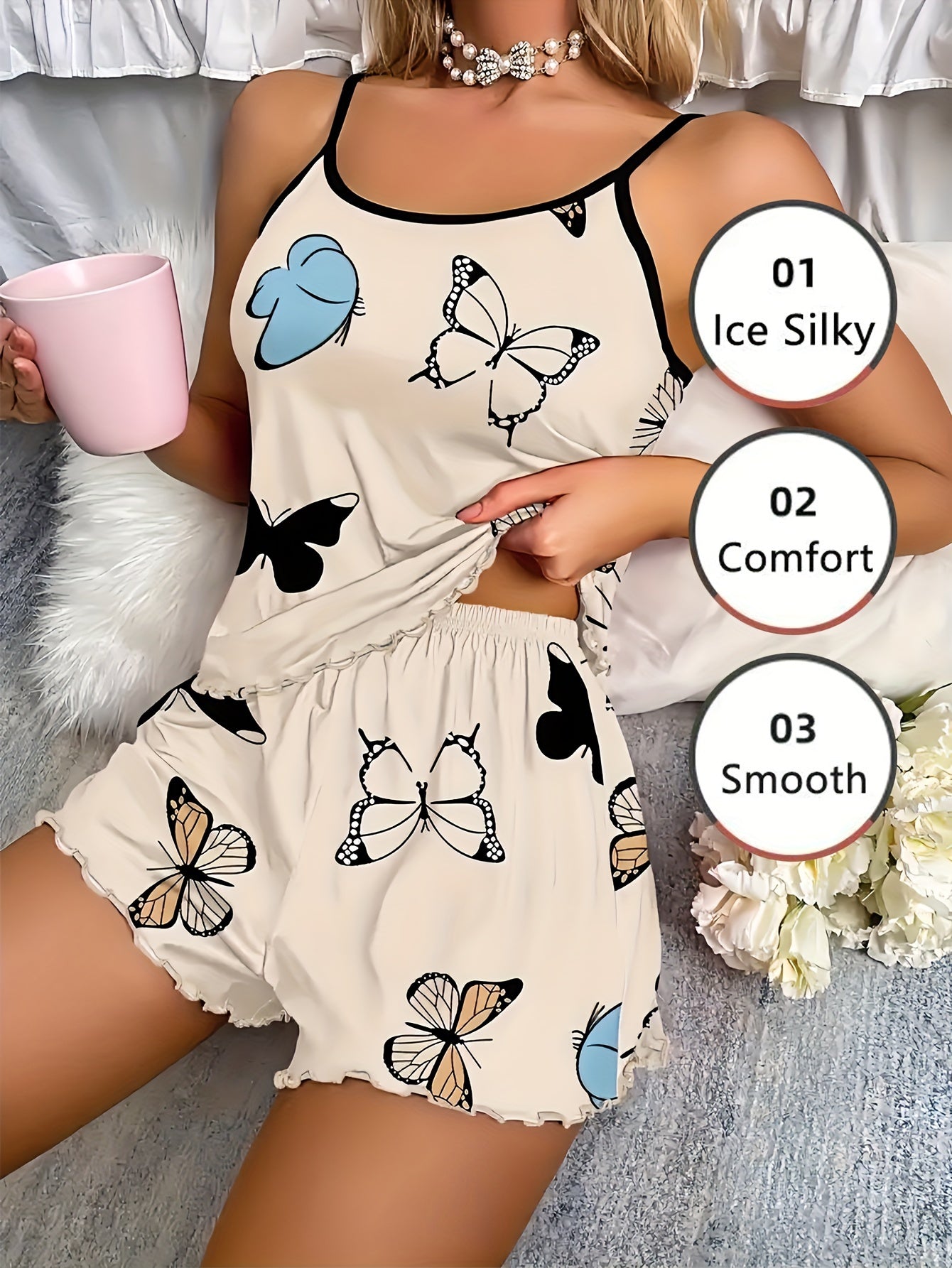 Casual Butterfly Print Lettuce Trim Pajama Set,