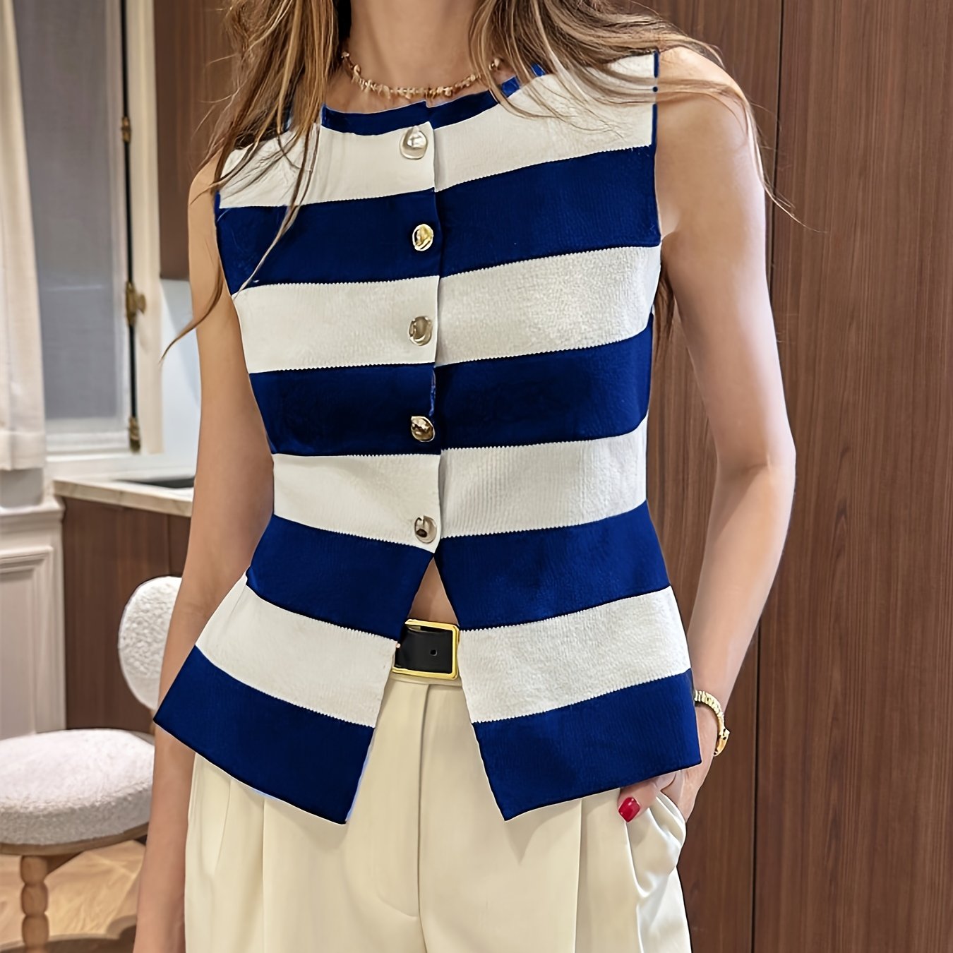 Women'S Navy & White Horizontal Stripe Button-Front Cardigan .