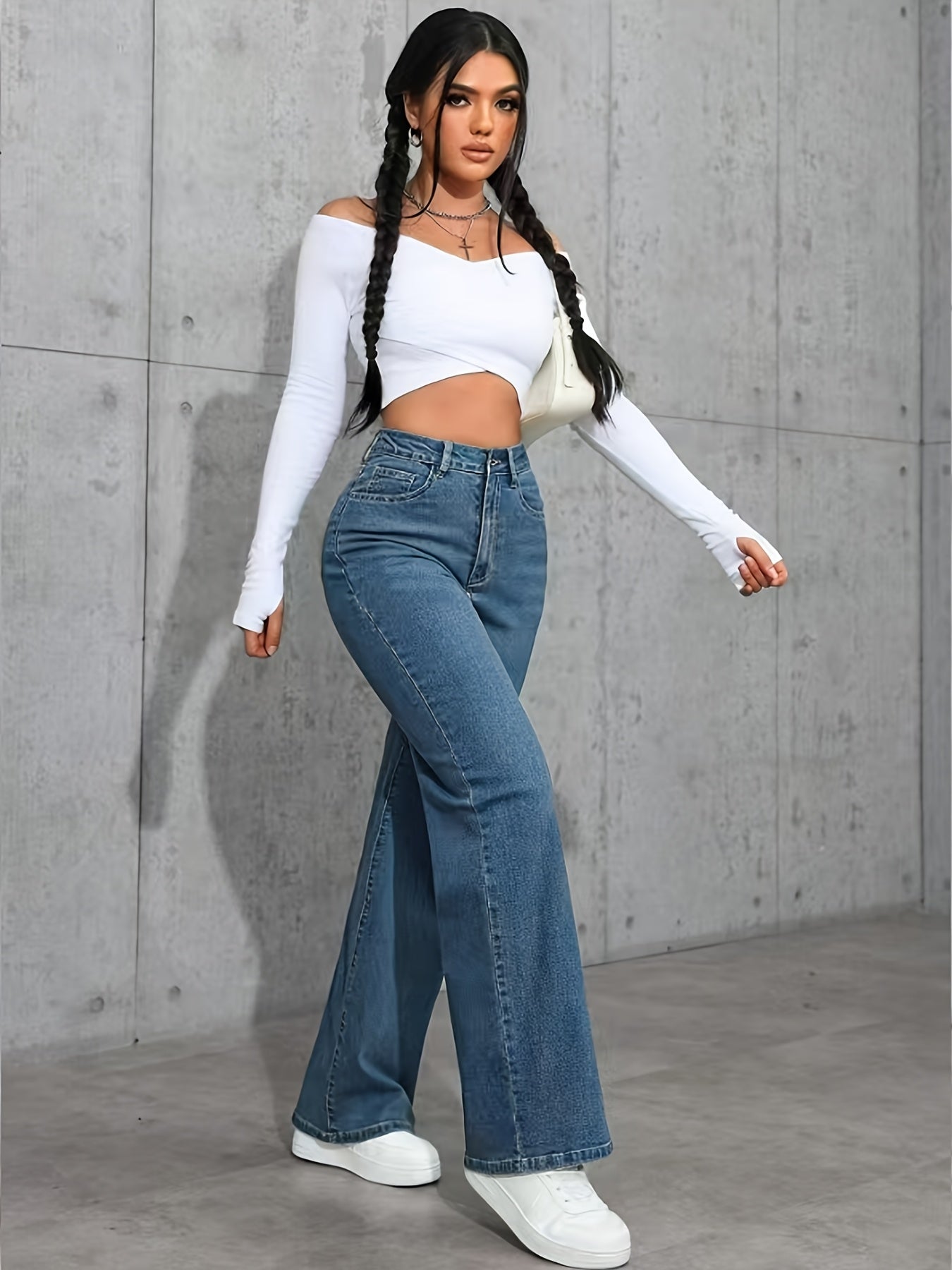 Fashion versatile blue high-waisted stretchy loose straight-leg Women's denim trousers./MH
