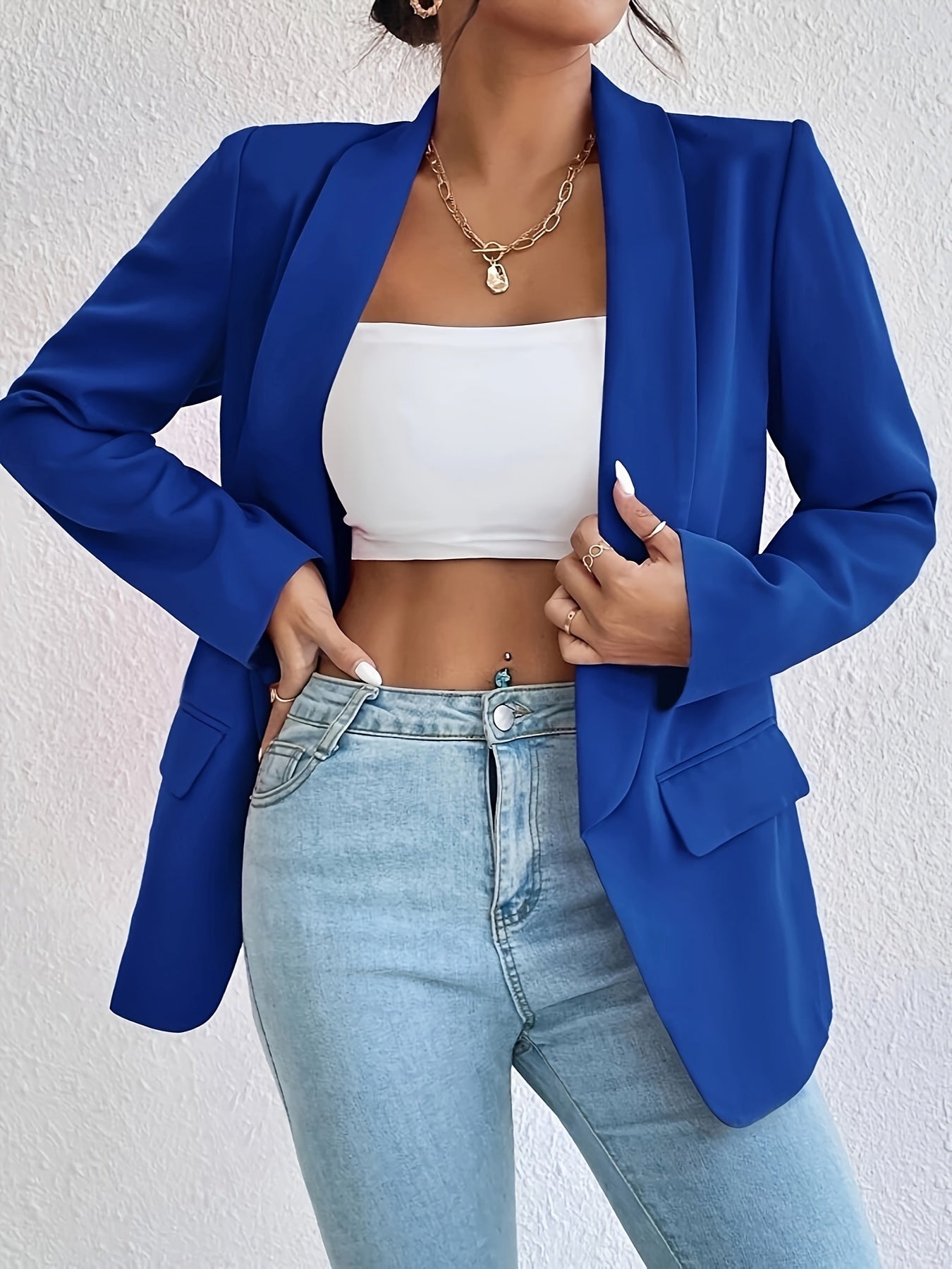 Solid Color Open Front Blazer, Casual Lapel Long Sleeve Blazer.
