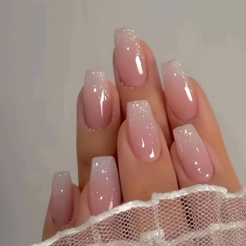 24pcs Glossy Long Ballerina Fake Nails, White And Pinkish Gradient Press On Nails, Gentle False Nails For Women Girls