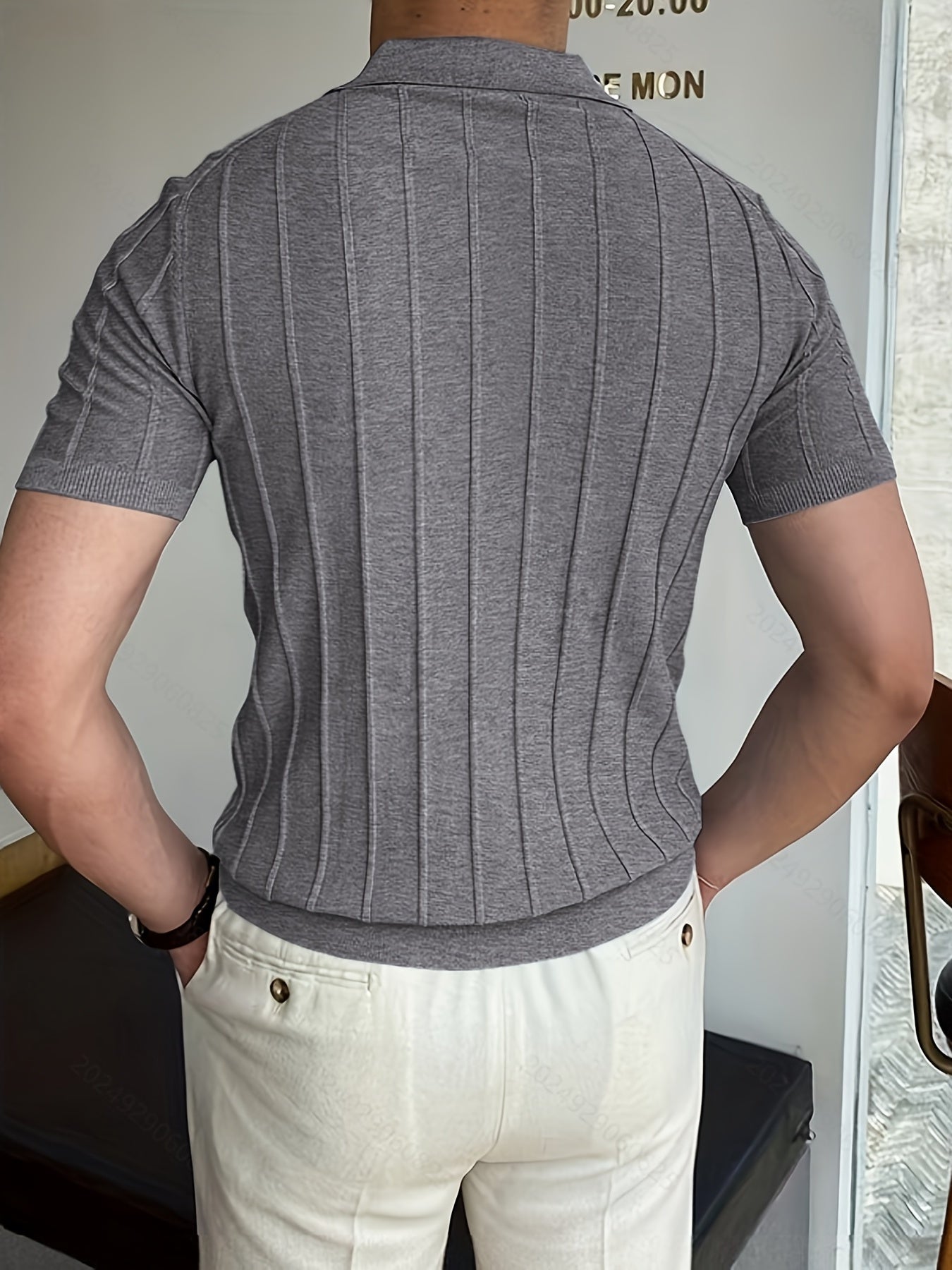 Vertical Striped Chic Shirt, Men's Casual Solid Color High Stretch .