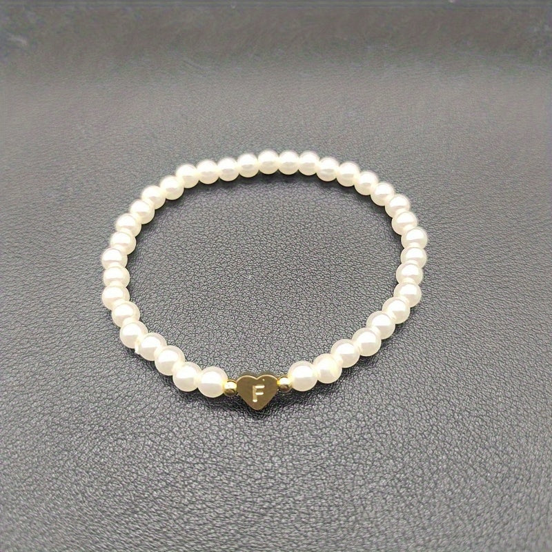 1pc Classic Initial A-Z Lettering Heart Faux Pearl Beaded Bracelet, Elegant Party Jewelry Birthday Gift For Teen Girls