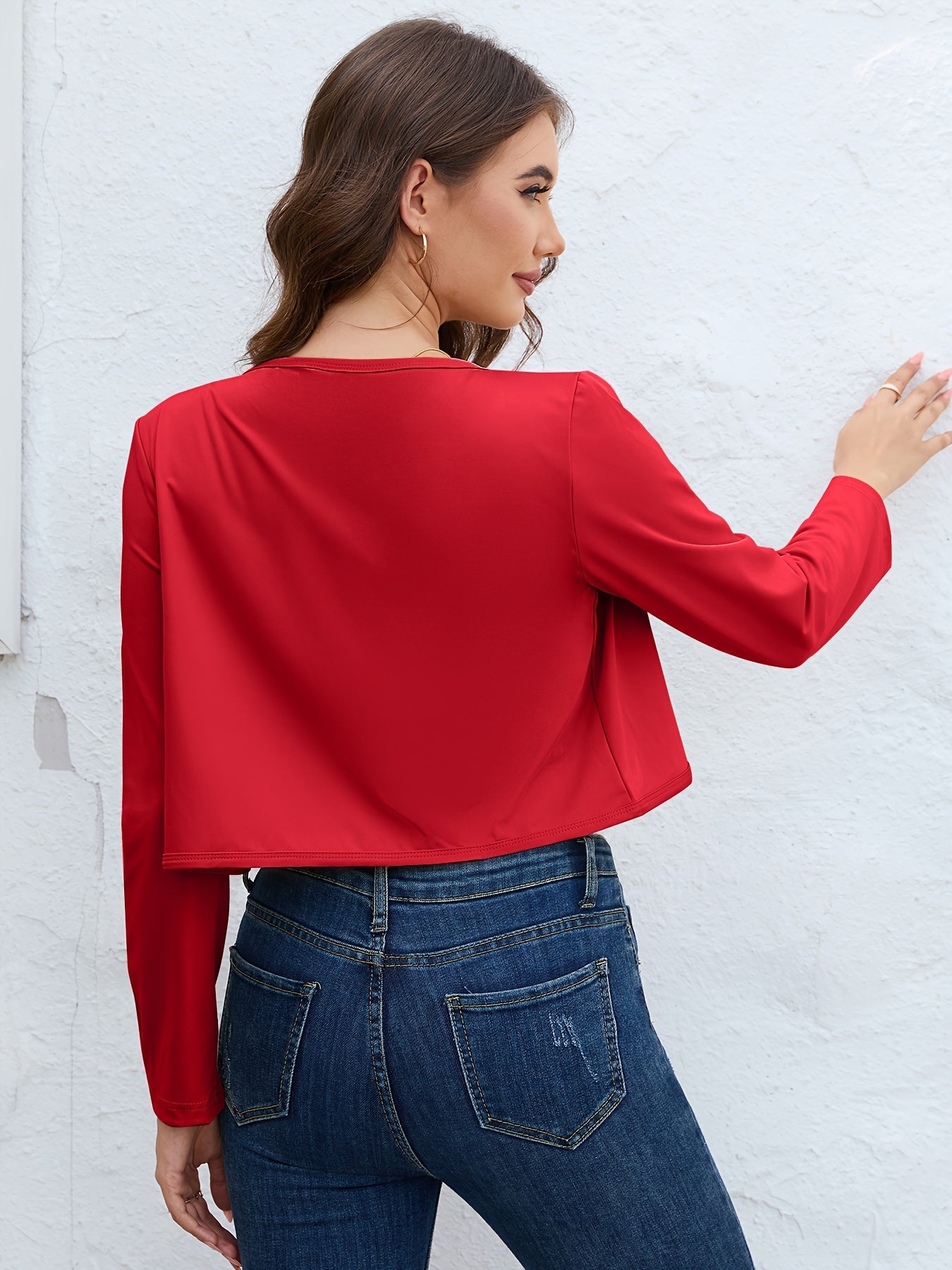 Solid Open Front Blazer, Casual Long Sleeve Crop Blazer For Work,