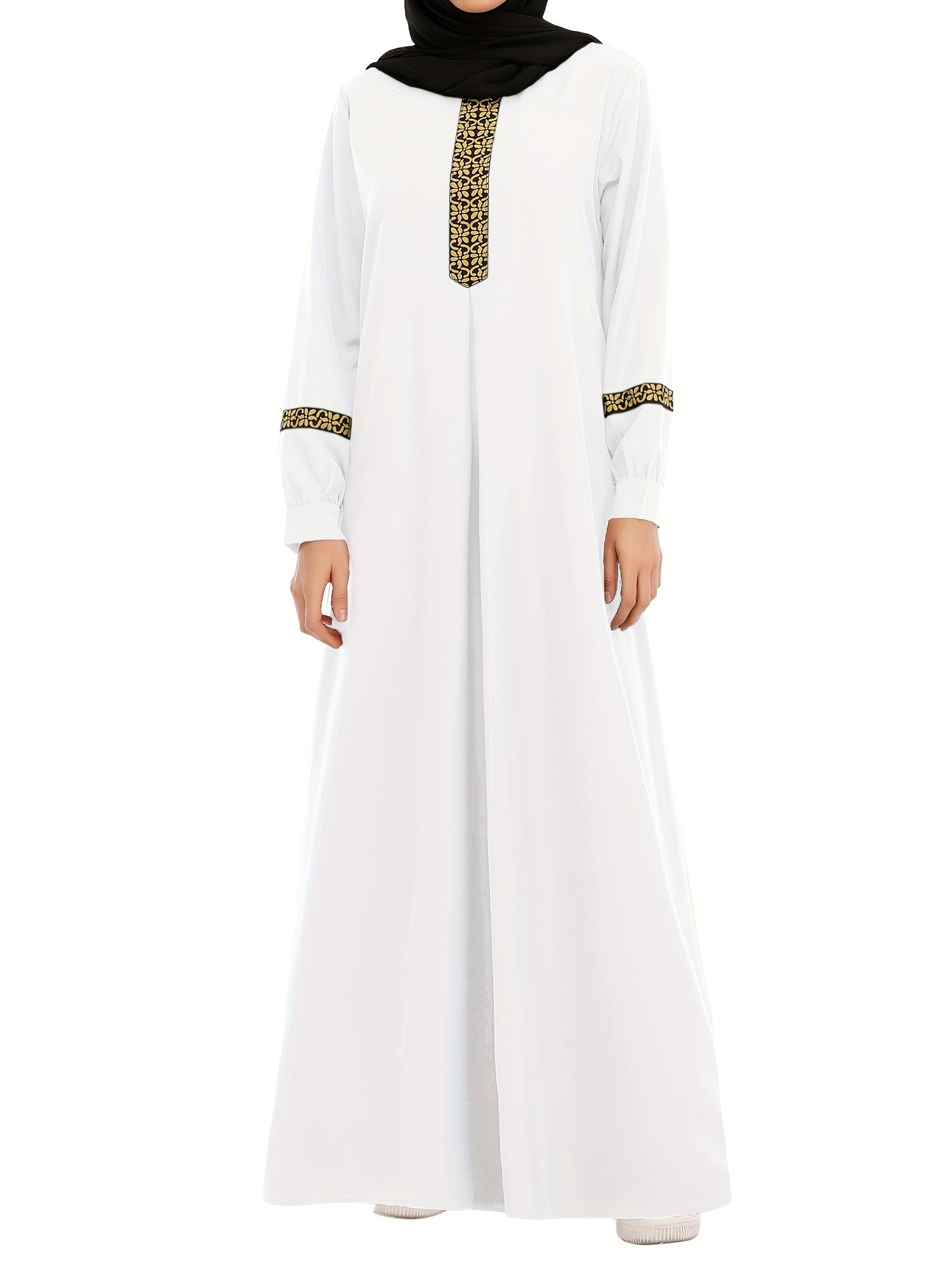 Contrast Trim Kaftan, Elegant Long Sleeve Maxi Length Dress, /MH