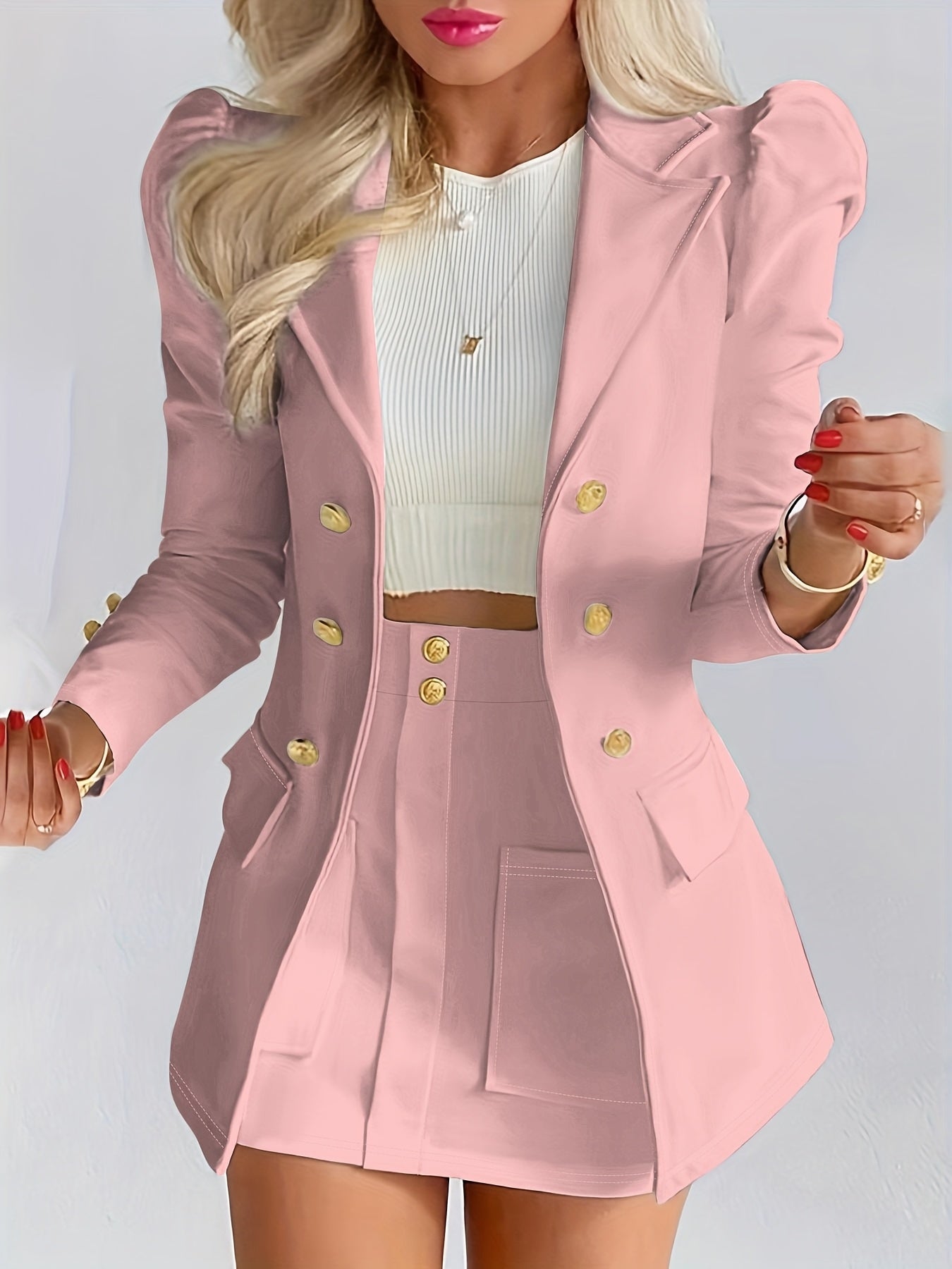 LUDOMI Women'S Stylish White Casual Blazer & Skirt Set .