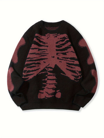 Skeleton Pattern Knitted Sweater, Men's Casual Warm Mid Stretch.