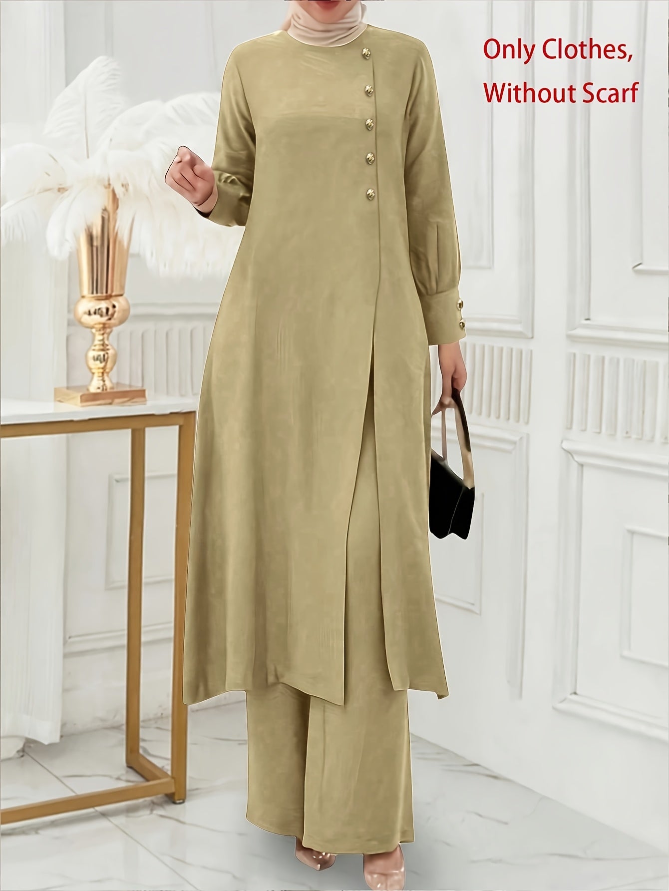 Solid Color Button Design Long Sleeve Top and Pants Set, Arabic Style,/MH