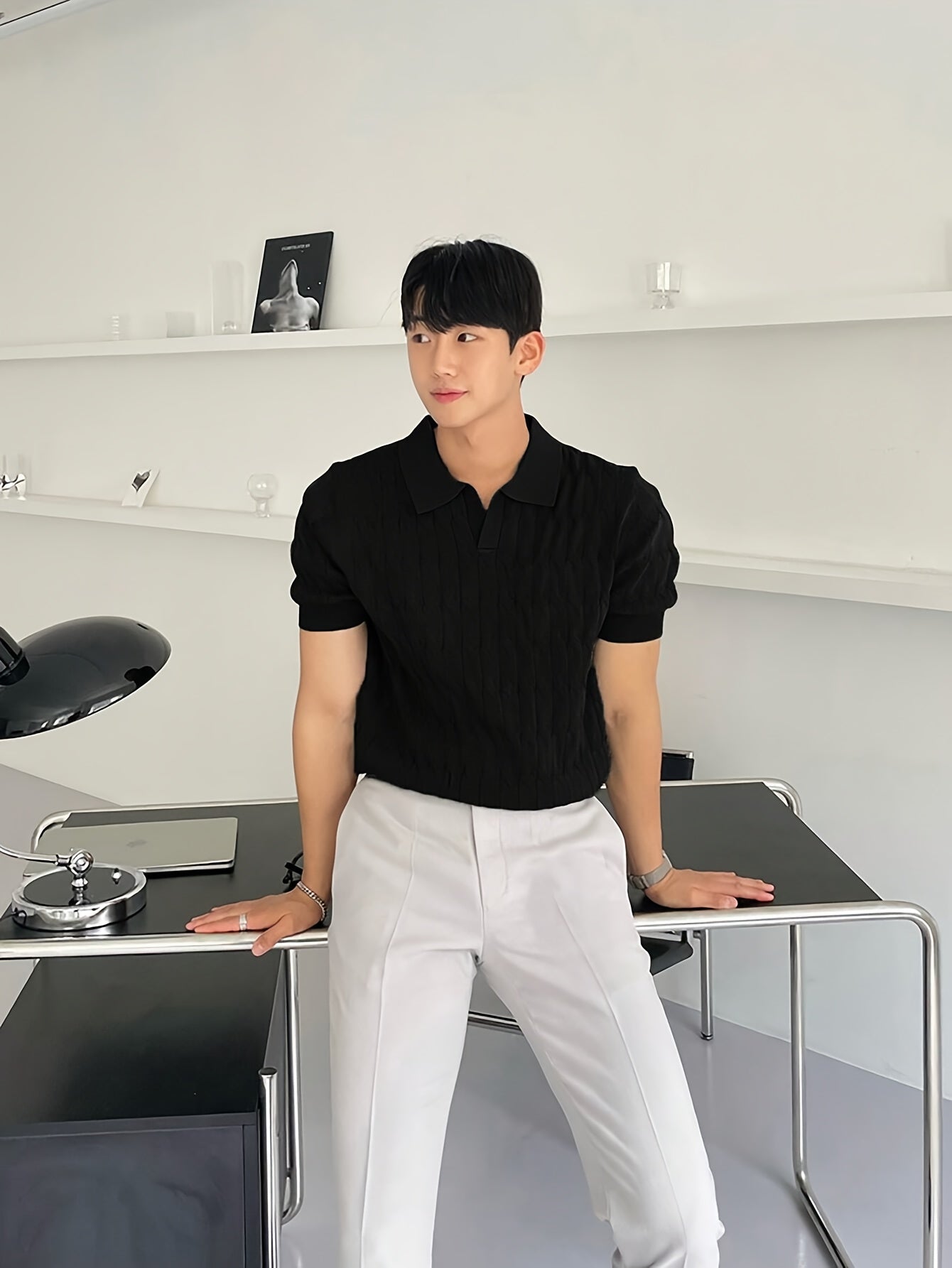 Chic Knit Shirt, Men's Casual Lapel Mid Stretch V-Neck Pullover Sweater