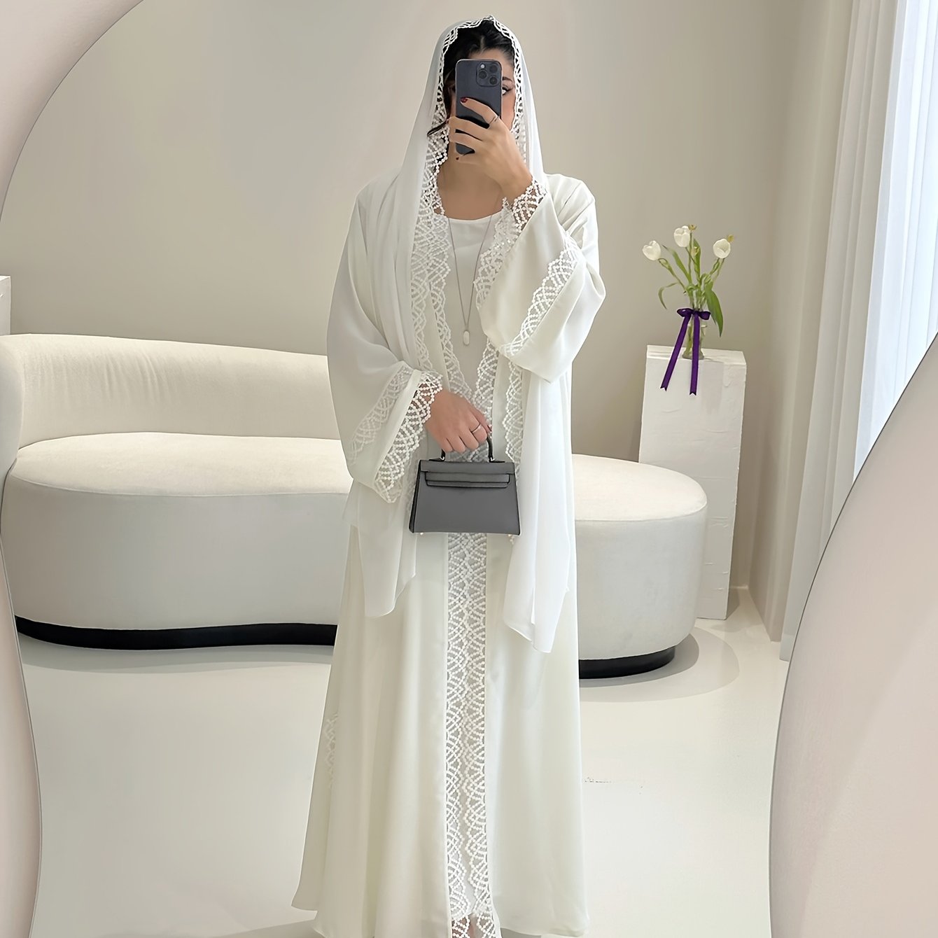 2pcs Set with Lace Trim Muslim Kaftan Plus Sleeveless Vest Skirt, / MH
