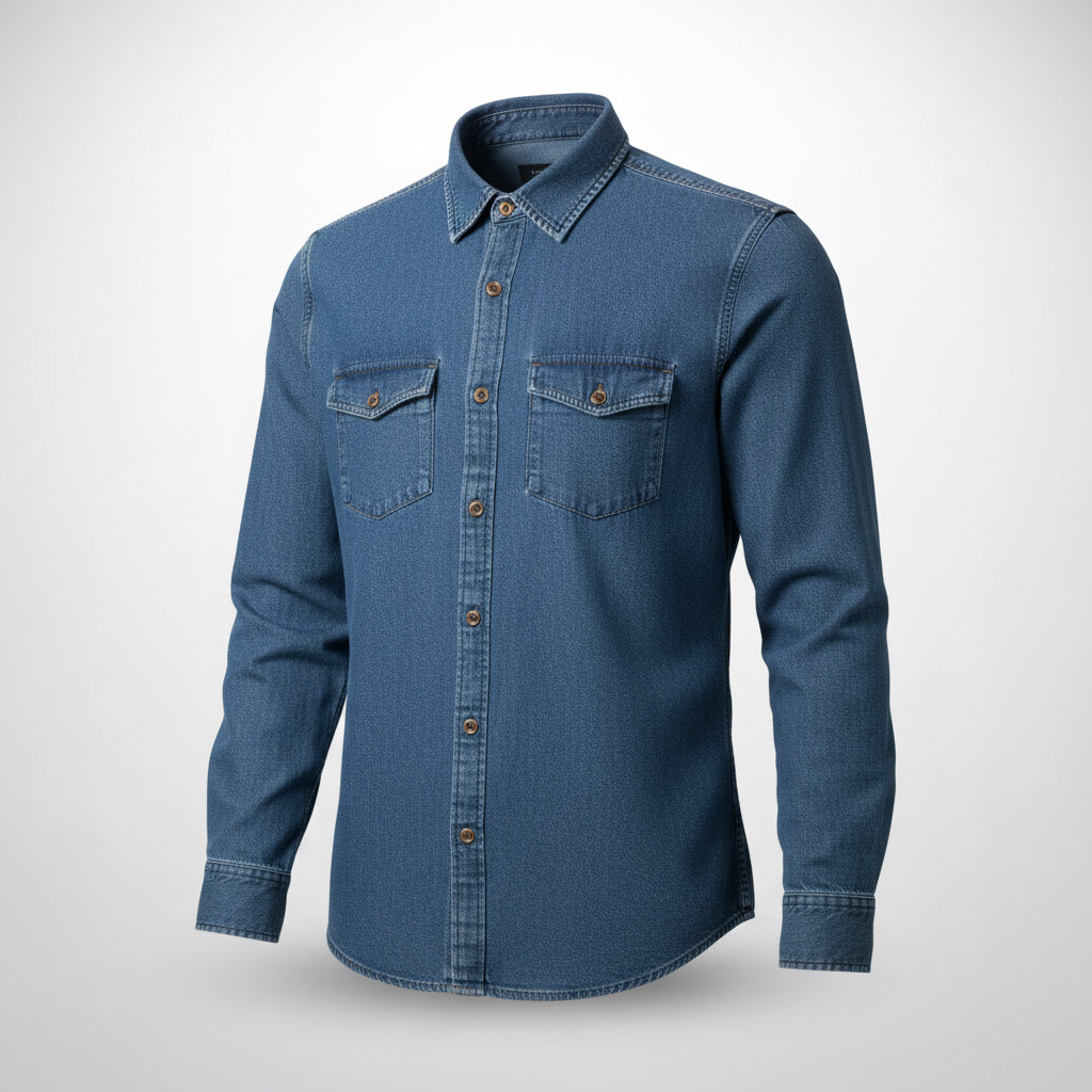 Men’s Blue Denim Button-Up Shirt Long Sleeve Relaxed Fit | Sizes S-XL | MH