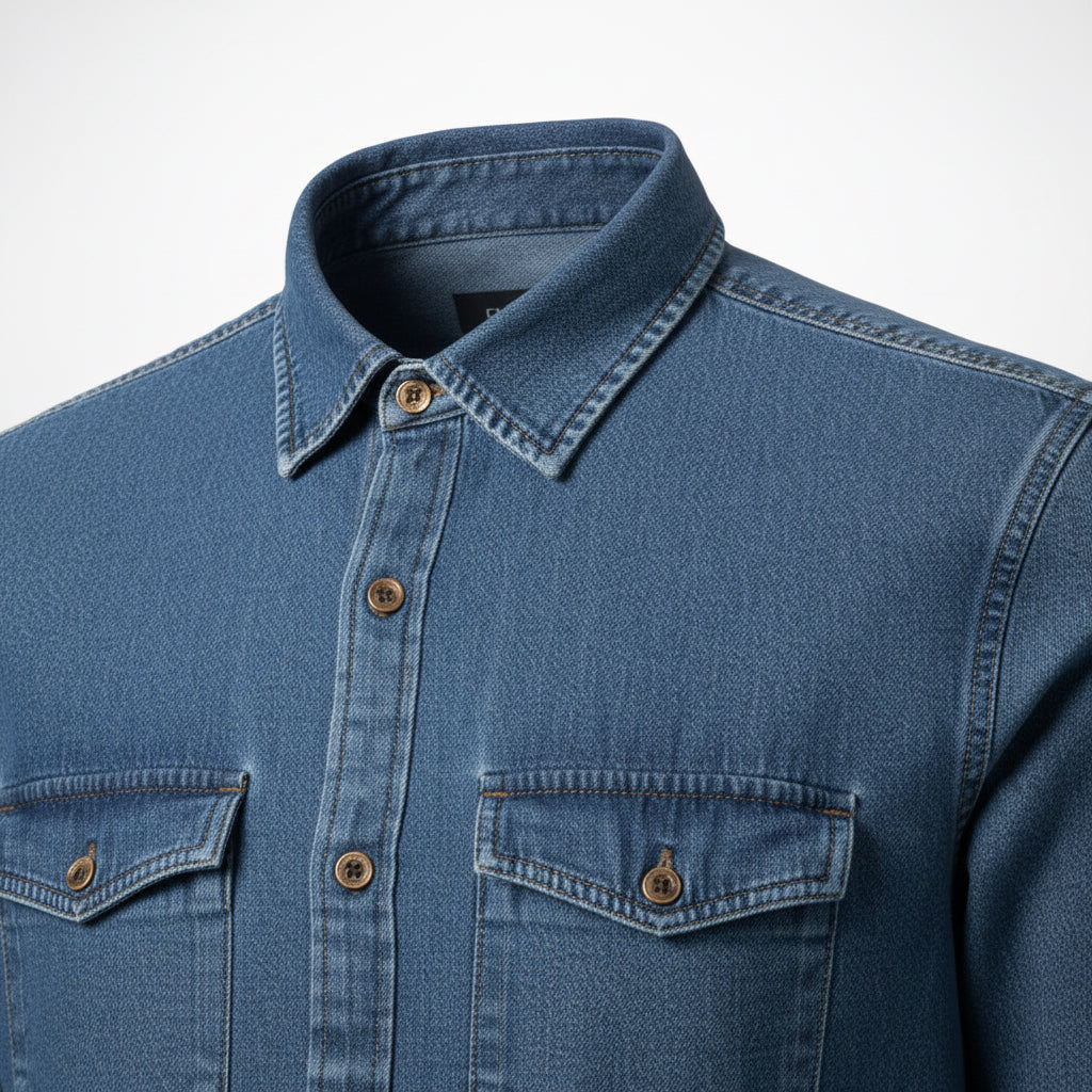 Men’s Blue Denim Button-Up Shirt Long Sleeve Relaxed Fit | Sizes S-XL | MH