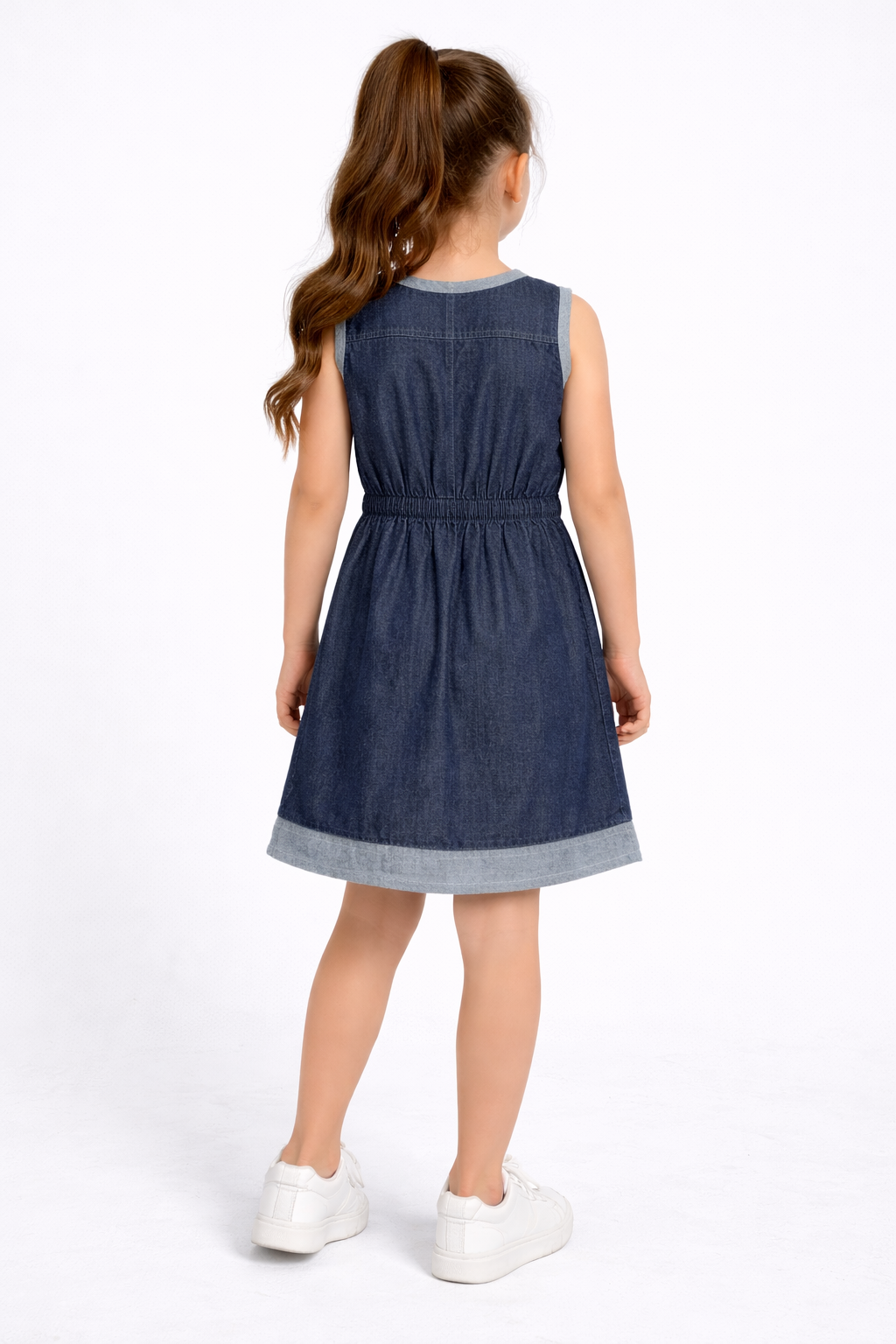 Stylish Sleeveless Denim Dress with Contrast Trim & Waist Tie for Girls | MH