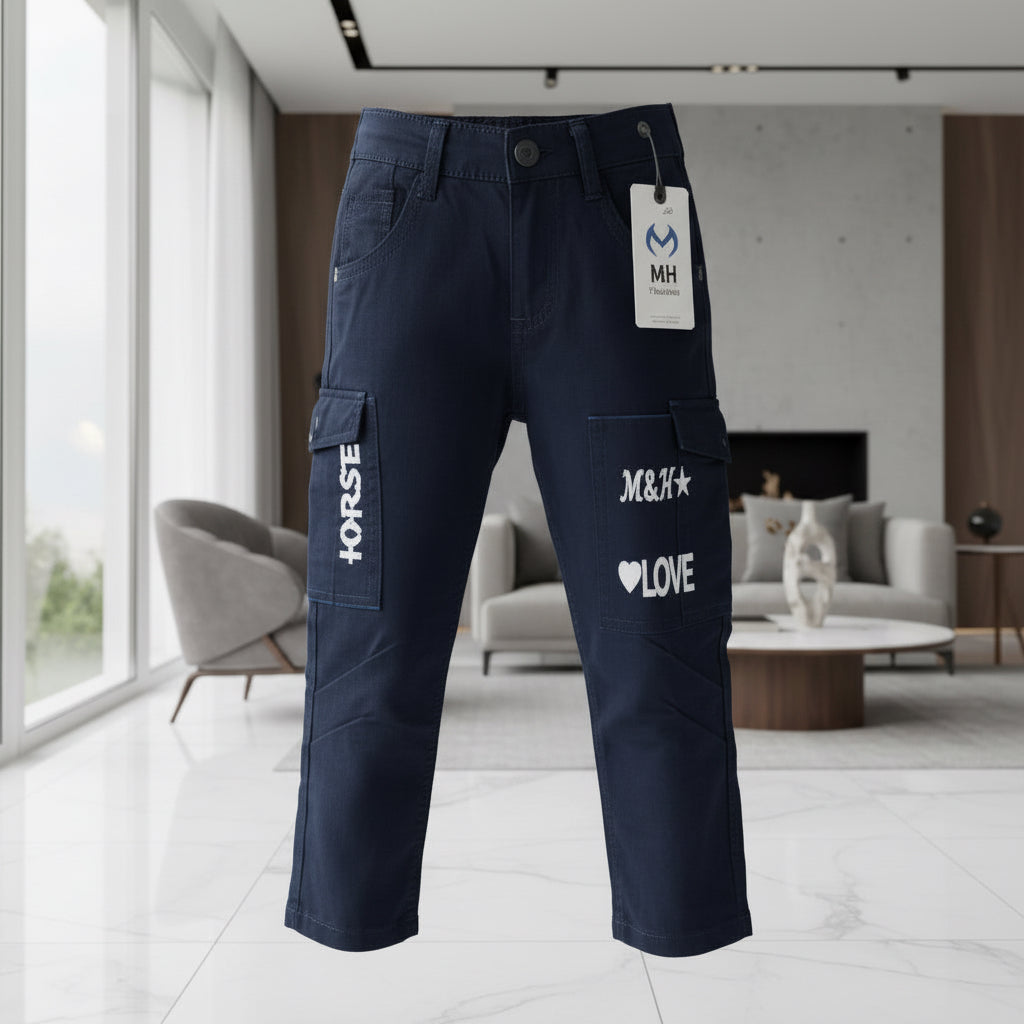 Girls Cargo Pants Navy Blue for Kids 1-8 Years - Trendy Cargo Trousers with Pockets & Patches | MH