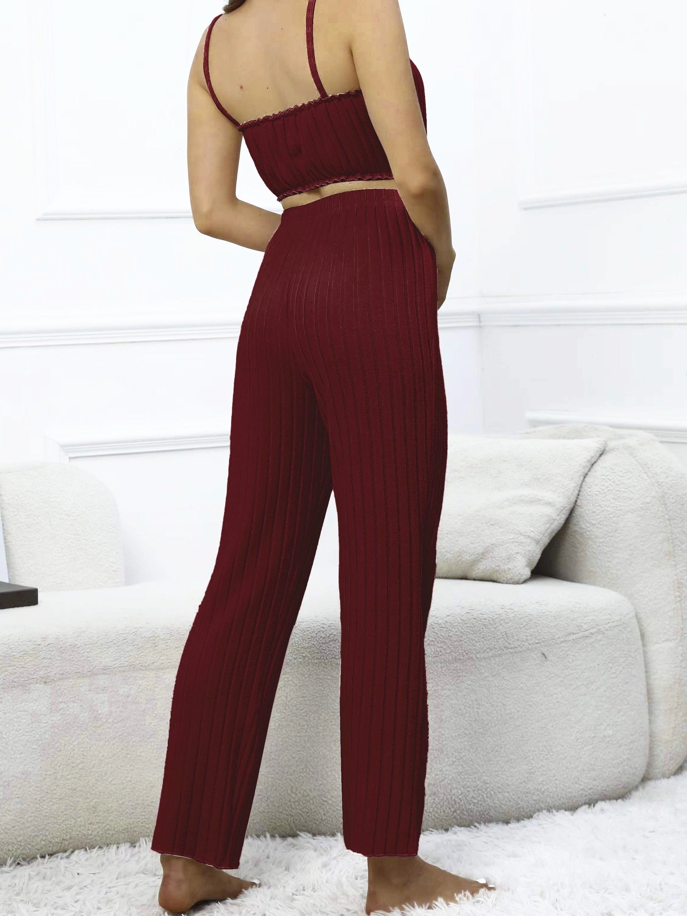 Solid Ribbed Lounge Set, Ruffle Cami Top & Elastic Waistband Pants,