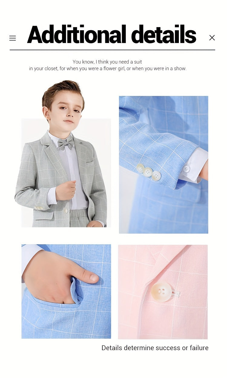 3pcs Boys Formal Plaid Gentleman Outfits, Long Sleeve Blazer.