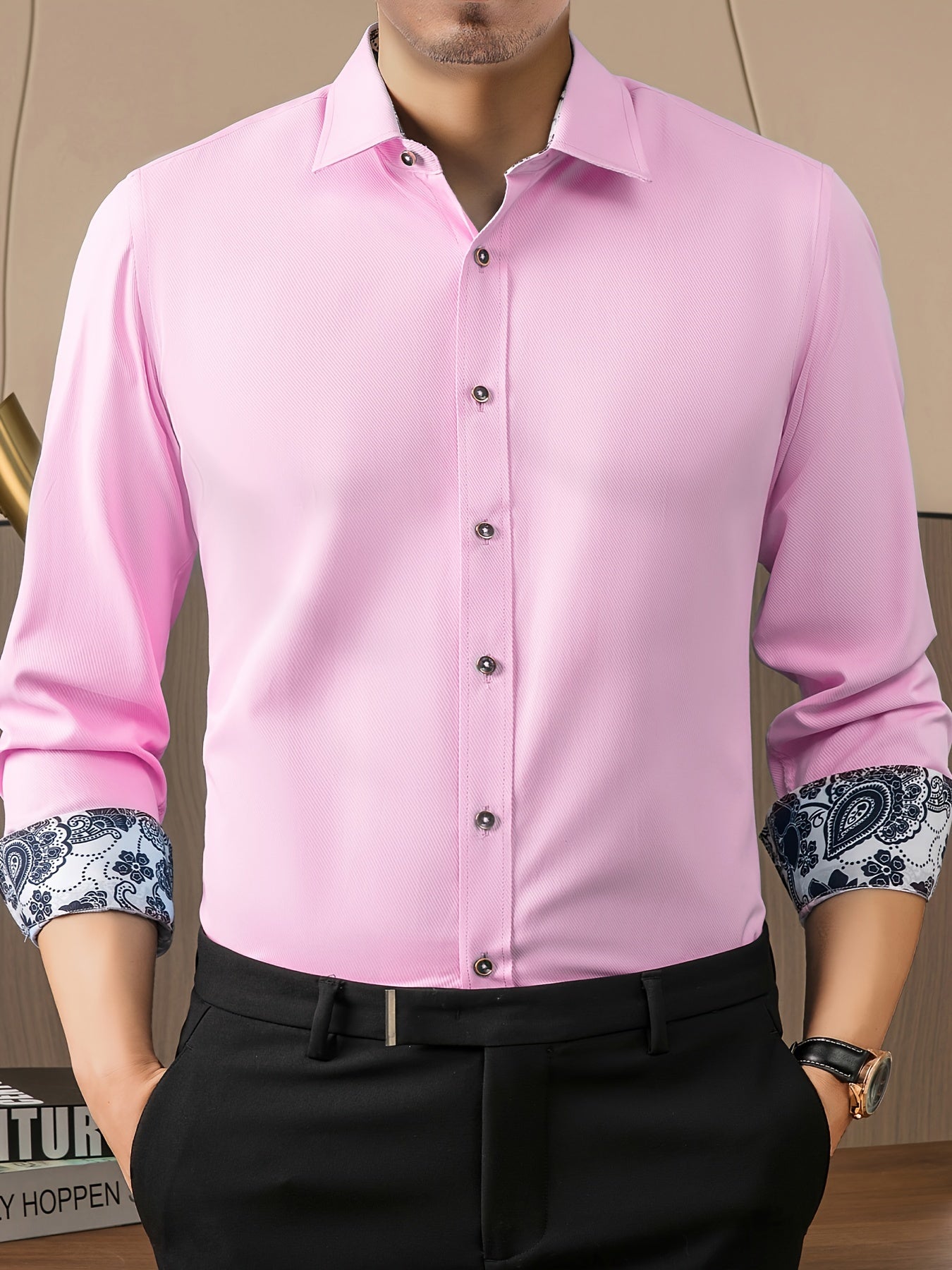 Men's Patchwork Lapel Collar Design Dress Shirts With Chest Pocket,