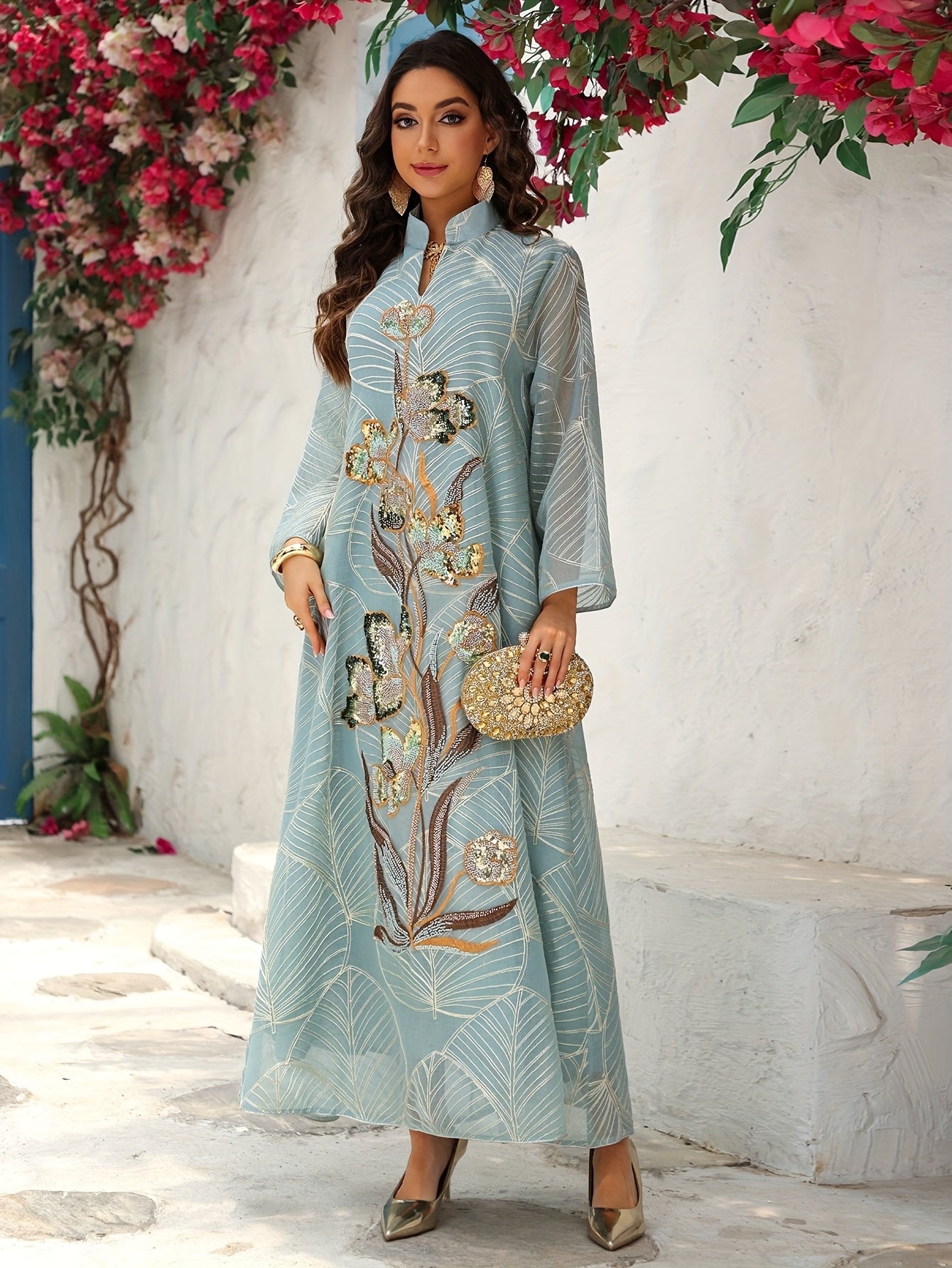 Elegant Women'S Sequin Mesh Kaftan Dress - Long Sleeve,/MH