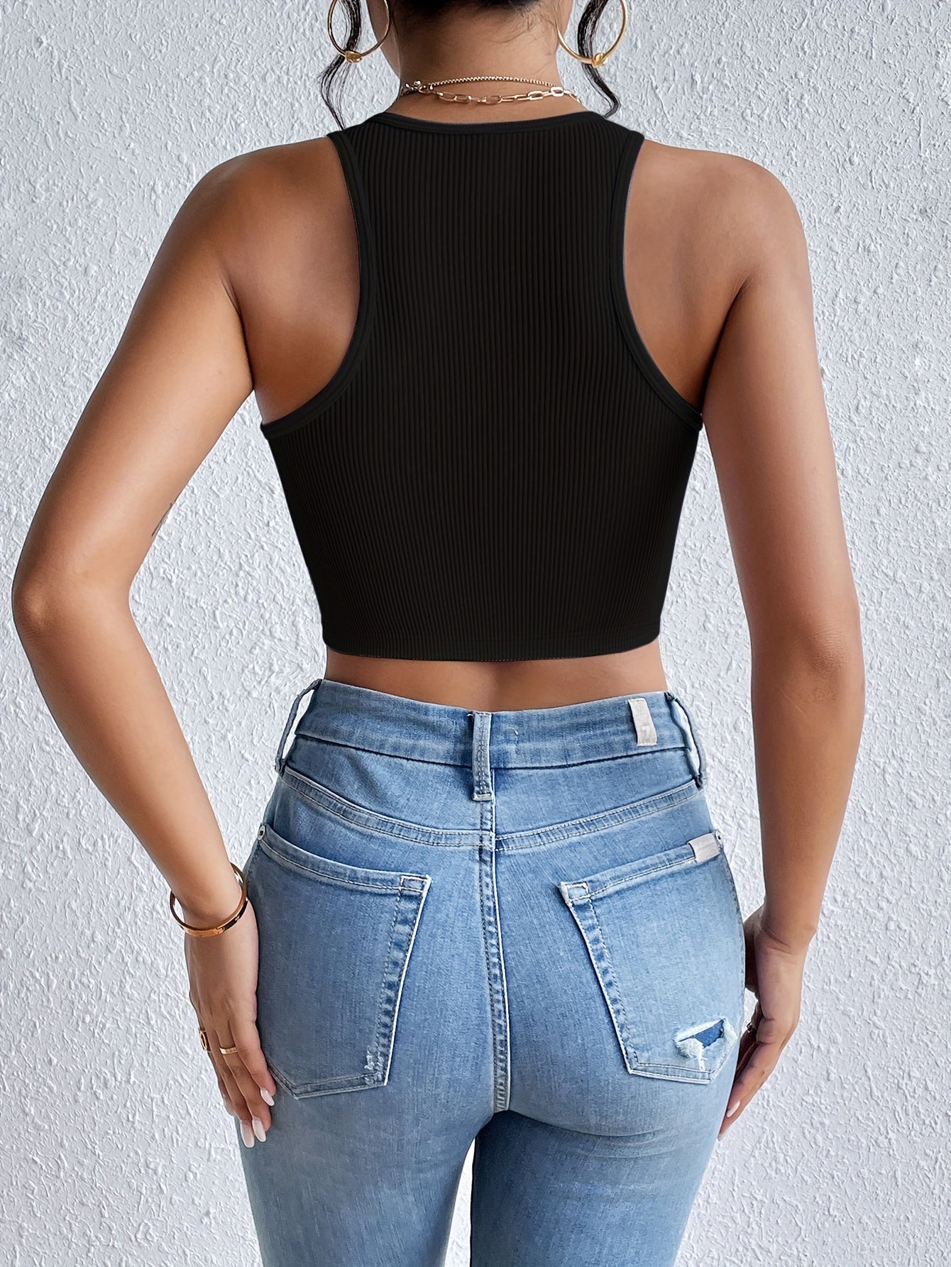 Solid Ribbed Crop Tank Top, Casual Sleeveless Basic Summer Top, Women's Clothing
