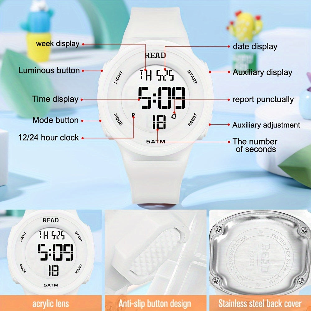 Cute Round Digital Watch, Stainless Steel Strap, Chronograph.