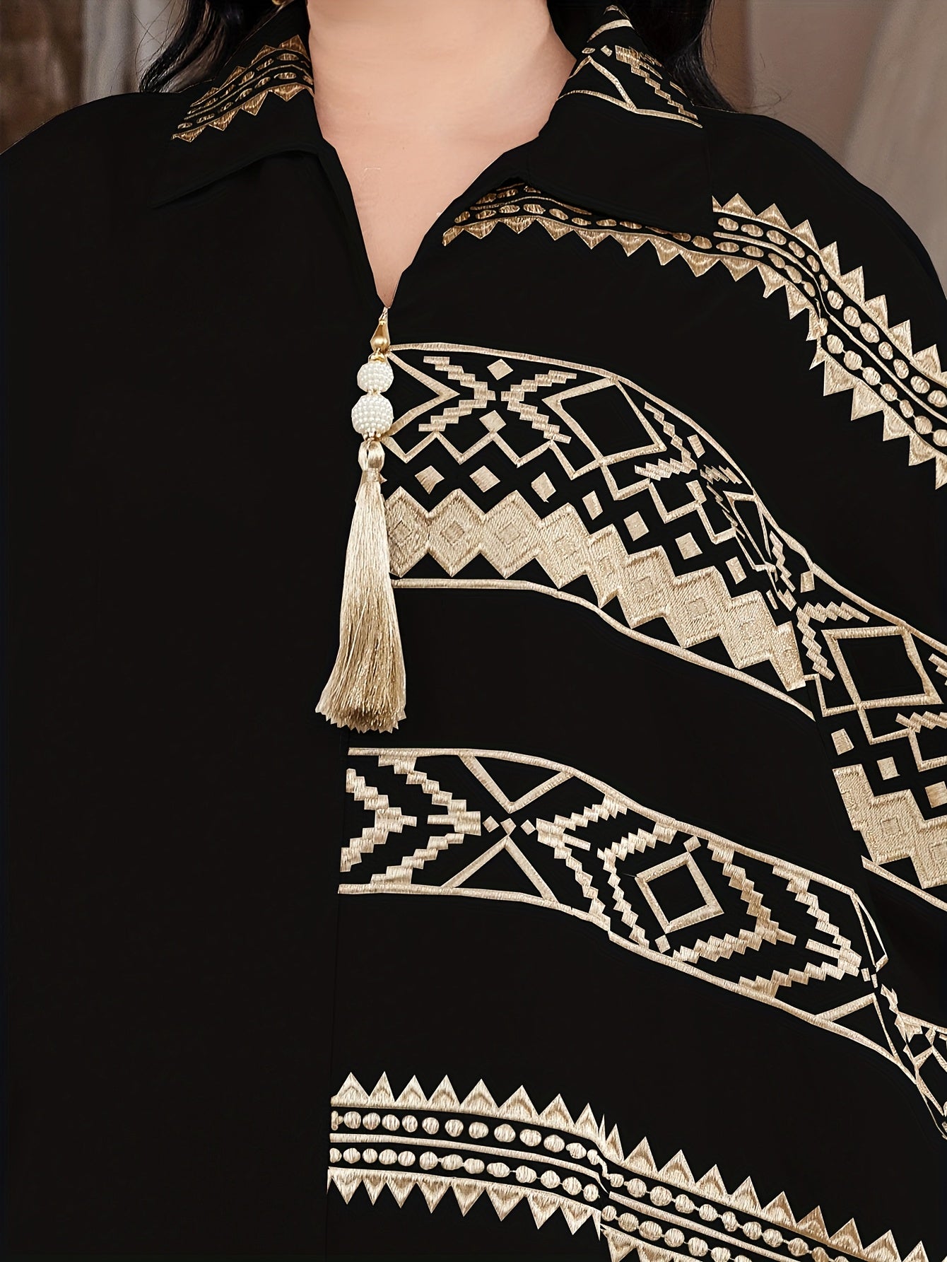 Elegant Ramadan Jalabia Dress - Golden & Black Geometric Embroidery,/MH