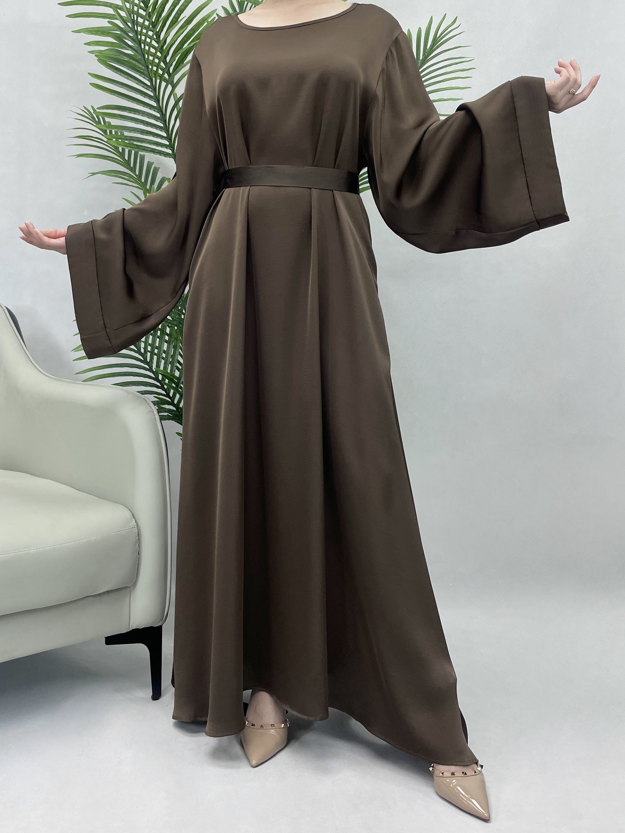 Solid Maxi Kaftan Abaya, Modest Crew Neck Long Sleeve ./MH