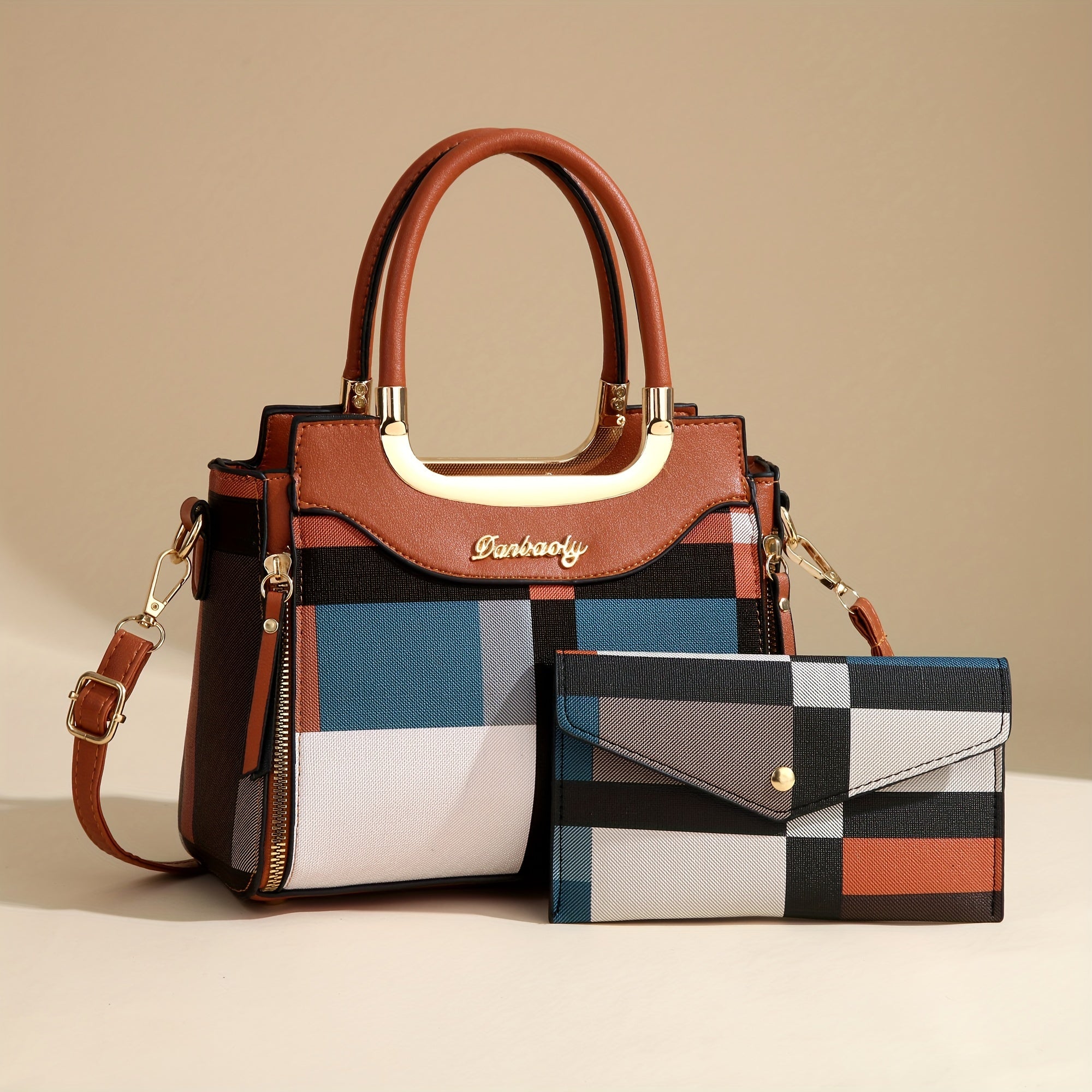 CHROSGEKEIDI Elegant Plaid Tote and Crossbody Bag Set,