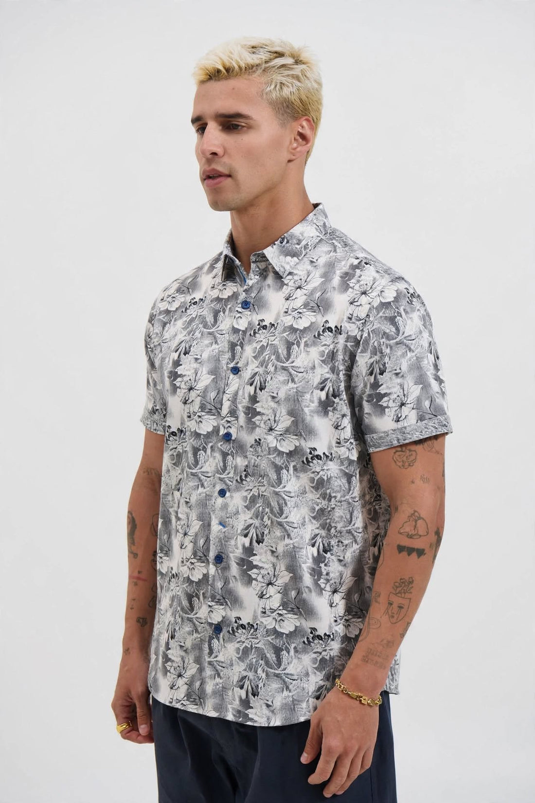 Men's Sky Blue & Navy Tropical Print Shirt | Breathable Summer Cotton (Sizes S-XL) | MH
