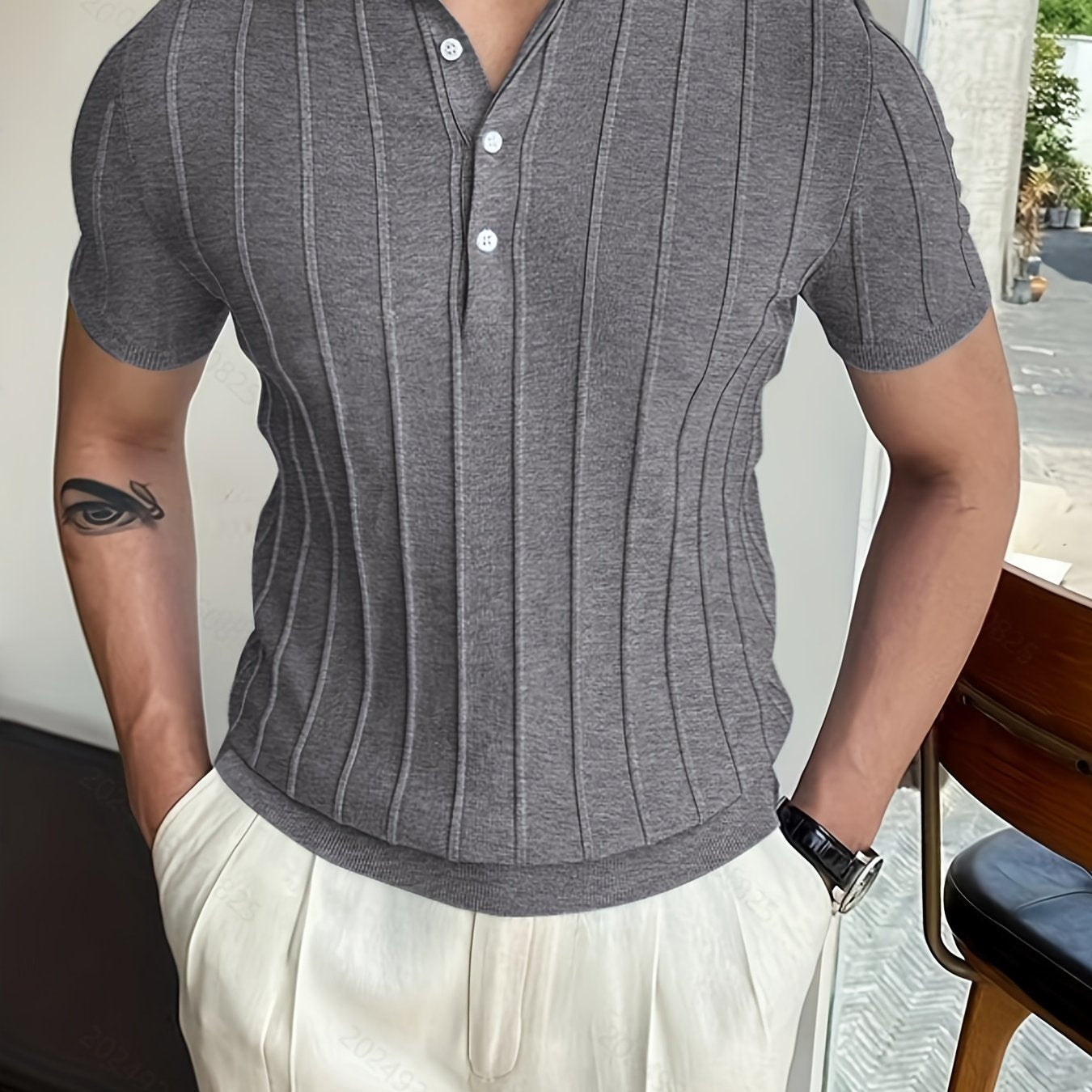 Vertical Striped Chic Shirt, Men's Casual Solid Color High Stretch .