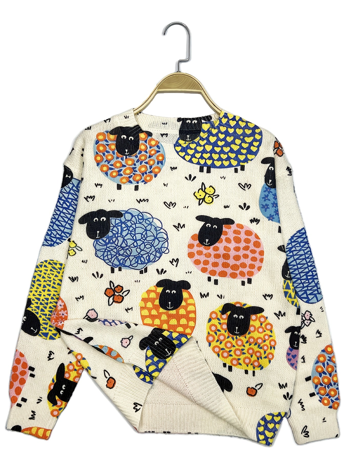 Elegant Sheep Print Long Sleeve Pullover Sweater for Women .