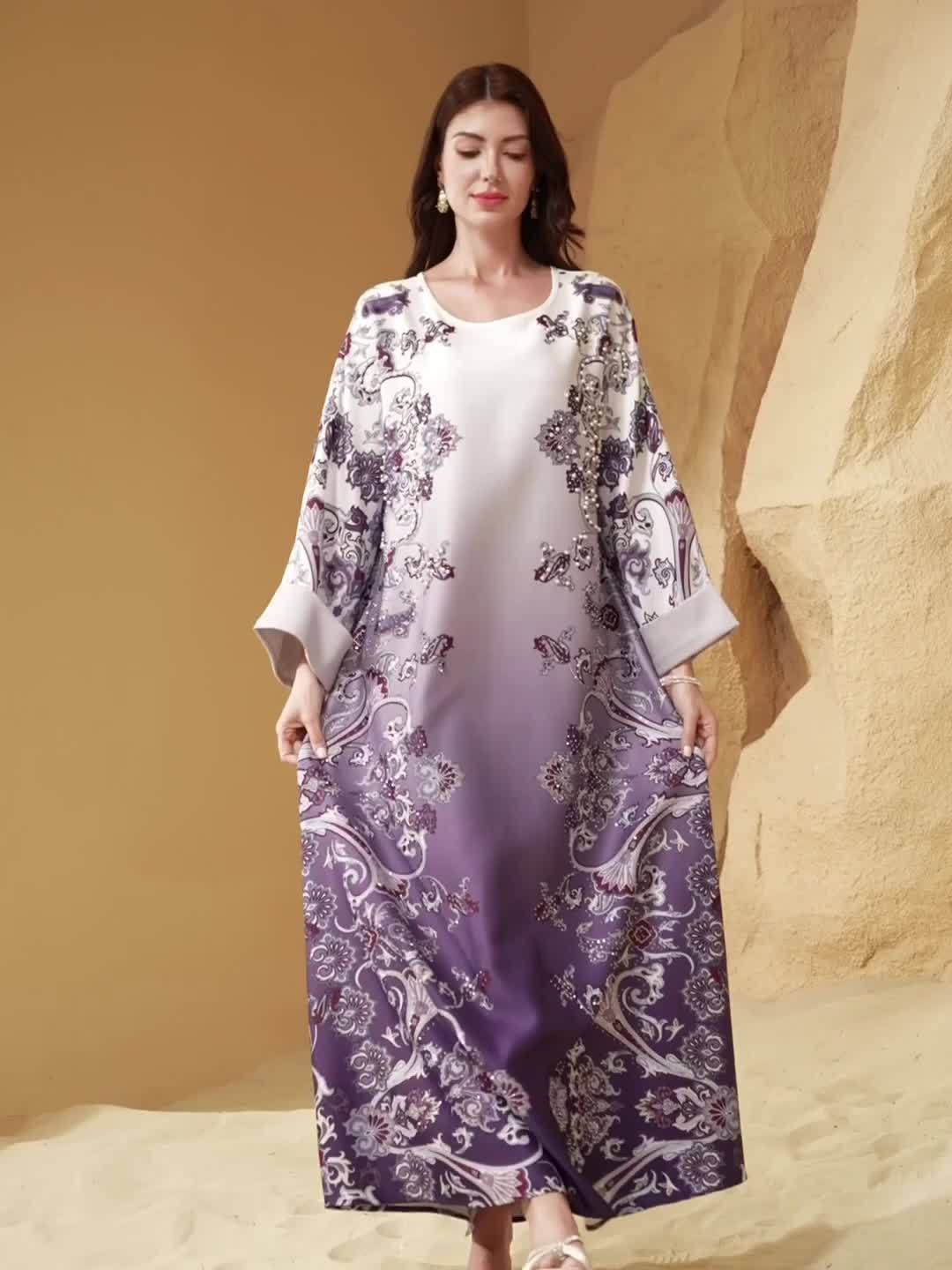Elegant Purple Floral Print Abaya Dress for Women -/MH